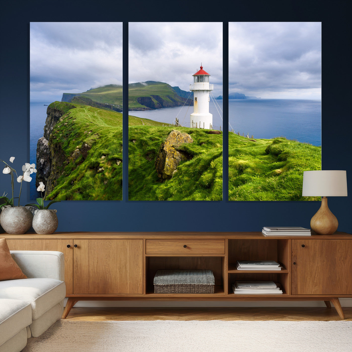10680390-MGV-CV-36X24 - Coastal Lighthouse Wall Art Canvas Print, Cliffside Ocean Landscape Canvas Print, Scandinavian Coastal Decor for Living Room