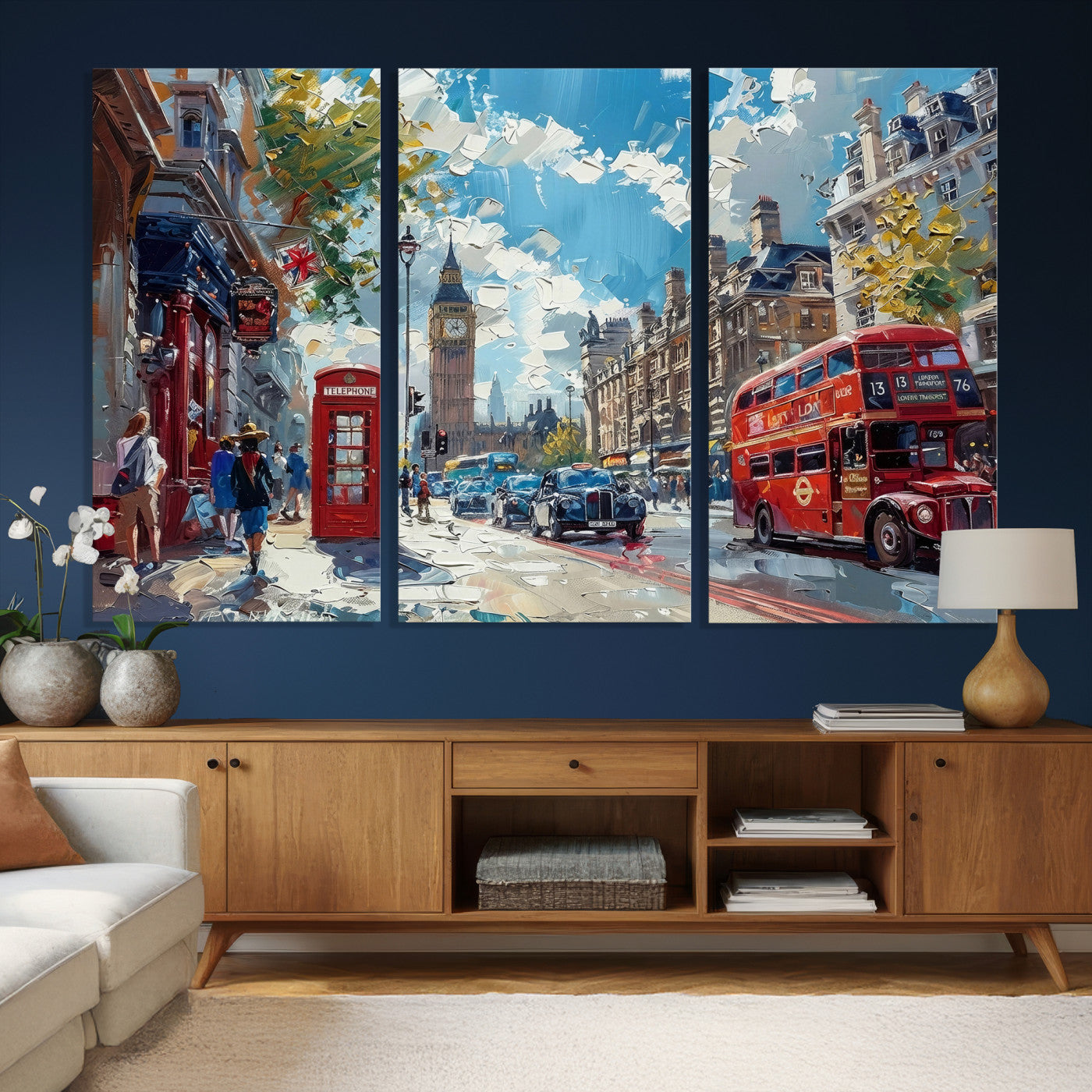 17630888-MGV-CV-36X24 - Modern London City Street Wall Art Canvas Print, Big Ben & Red Bus Artwork Canvas Print