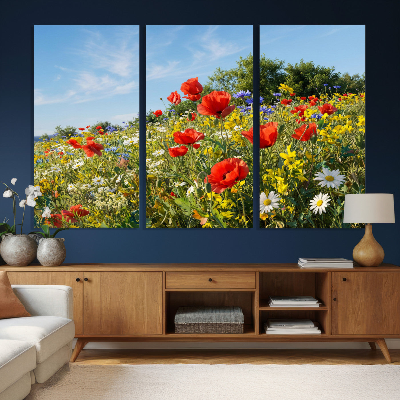 38570784-MGV-CV-36X24 - Wildflower Meadow Wall Art Canvas Print – Colorful Poppy and Daisy Field Landscape Artwork for Living Room Decor