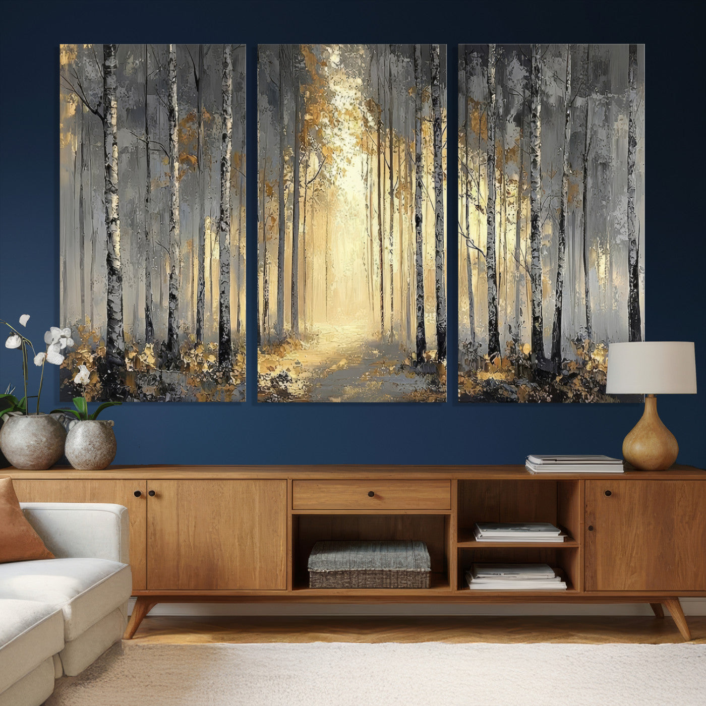 41017042-MGV-CV-36X24 - Abstract Birch Forest Wall Art Canvas Print – Modern Neutral Woodland Landscape Artwork for Living Room Decor