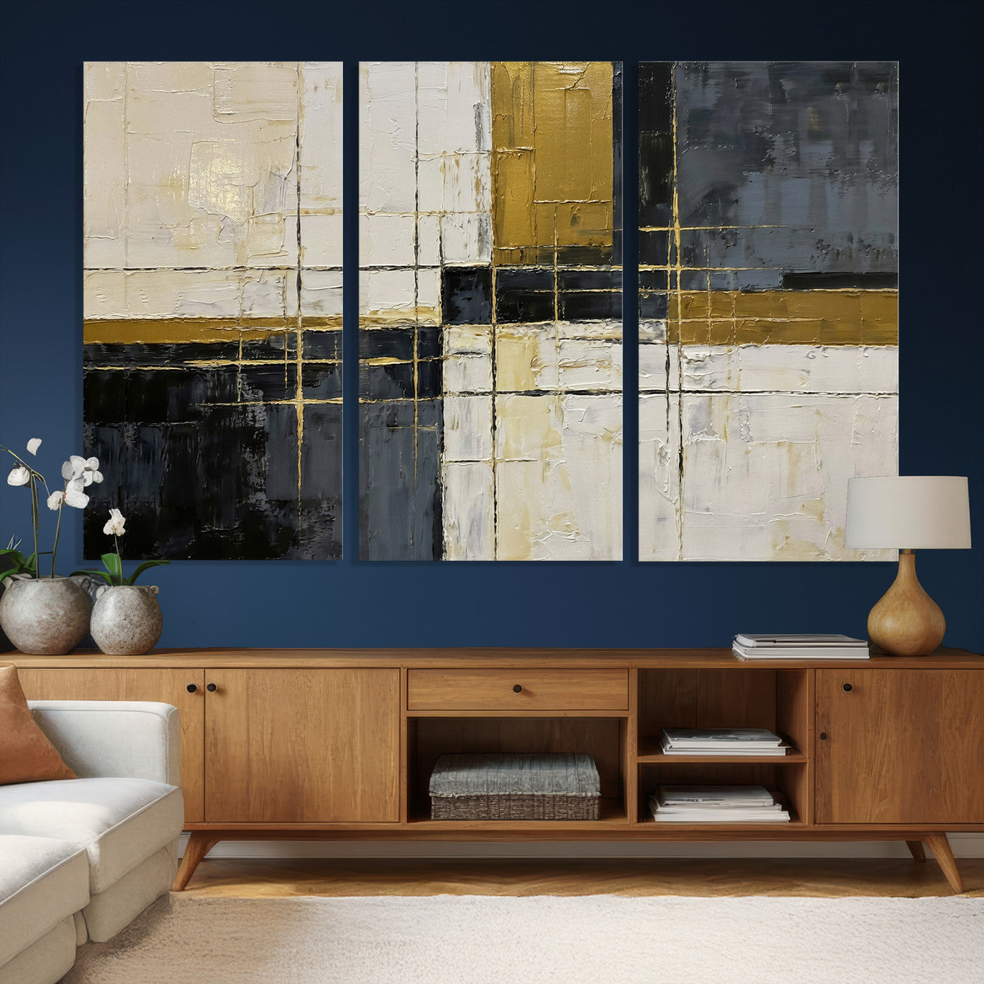 36097945-MGV-CV-36X24 - Abstract Gold and Black Wall Art Canvas Print – Modern Geometric Neutral Artwork for Living Room Decor