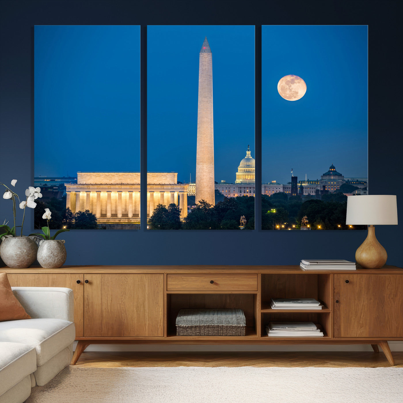 96712946-MGV-CV-36X24 - Washington DC Skyline Wall Art Canvas Print – Lincoln Memorial, Washington Monument and US Capitol Night Cityscape Artwork