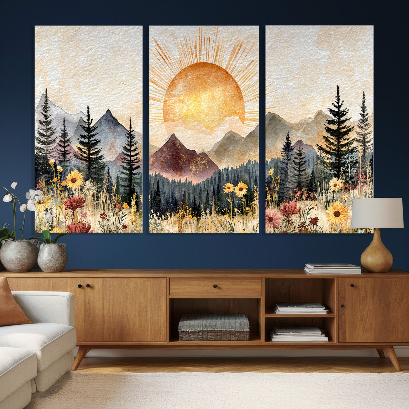 69025244-MGV-CV-36X24 - Boho Mountain Landscape Large Wall Art, Horizontal Gold Framed Canvas Print with Sun and Flowers