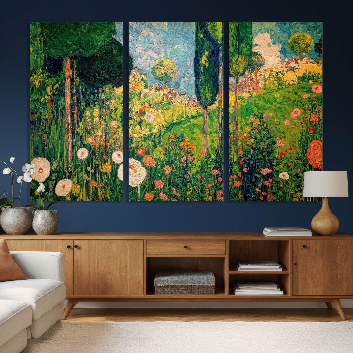 83517974-MGV-CV-36X24 - Gustav Klimt Boho Mountain Landscape Large Wall Art, Horizontal Gold Framed Canvas Print with Sun and Flowers