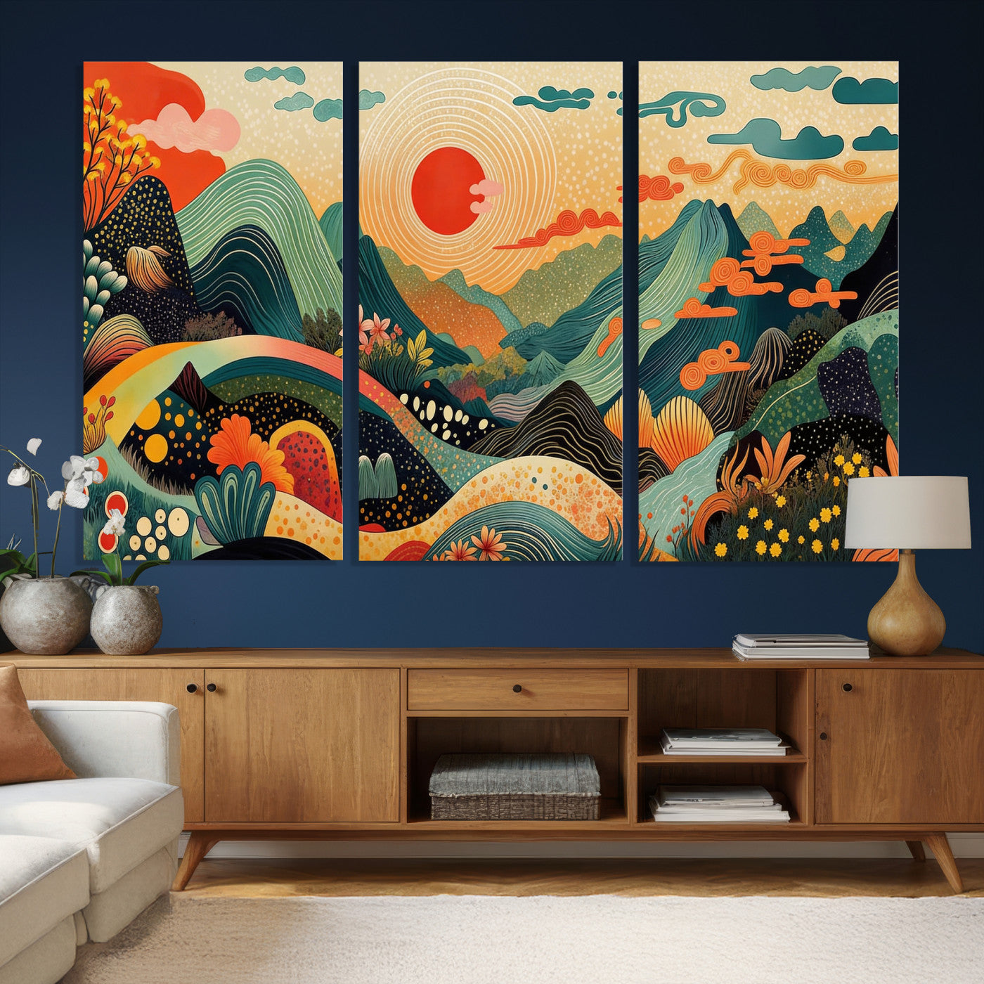 29927191-MGV-CV-36X24 - Yayoi Kusama Boho Mountain Landscape Large Wall Art, Horizontal Gold Framed Canvas Print with Sun and Flowers