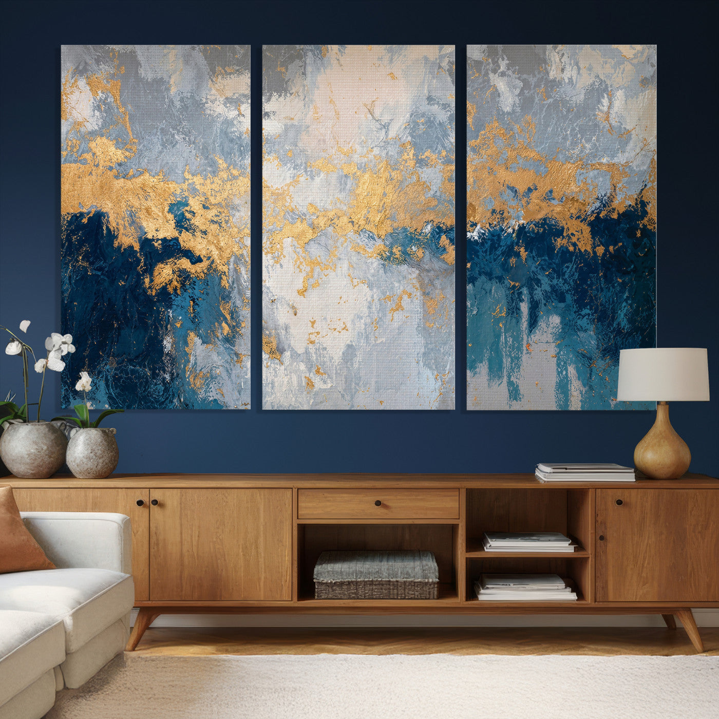 65386119-MGV-CV-36X24 - Blue Gold Abstract Large Framed Canvas Wall Art, Modern Luxury Painting Print in Horizontal Oversized Minimal Wall Decor Artwork
