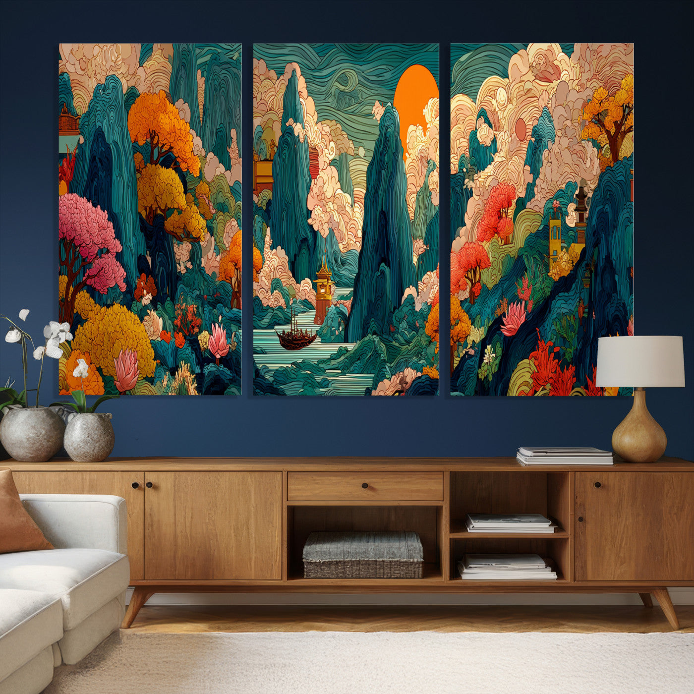 90422518-MGV-CV-48X32-3P - Colorful Japanese Landscape Print: Maximalist Panoramic Wall Art
