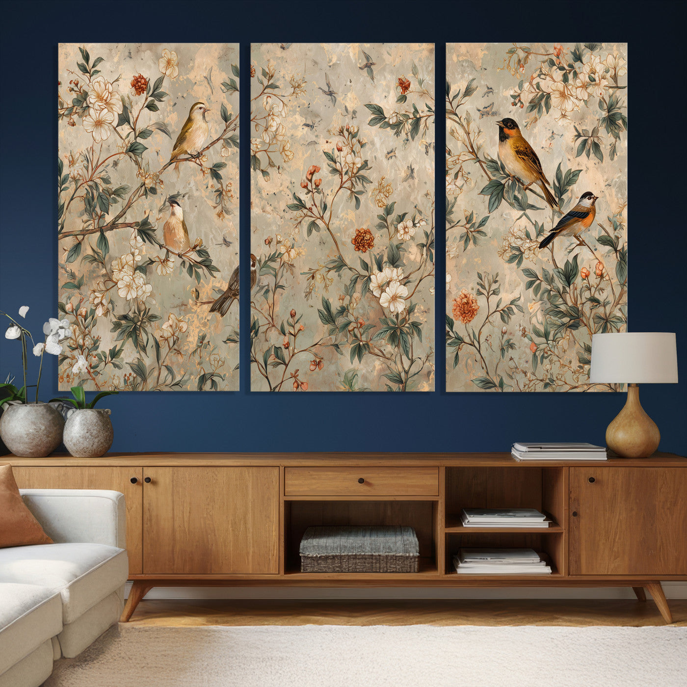76588438-MGV-CV-36X24 - Vintage Birds and Flowers Wall Art Canvas Print, Botanical Bird Painting Canvas Print, Floral Garden Bird Artwork Canvas Print, Classic Bird Flower Painting Canvas Print
