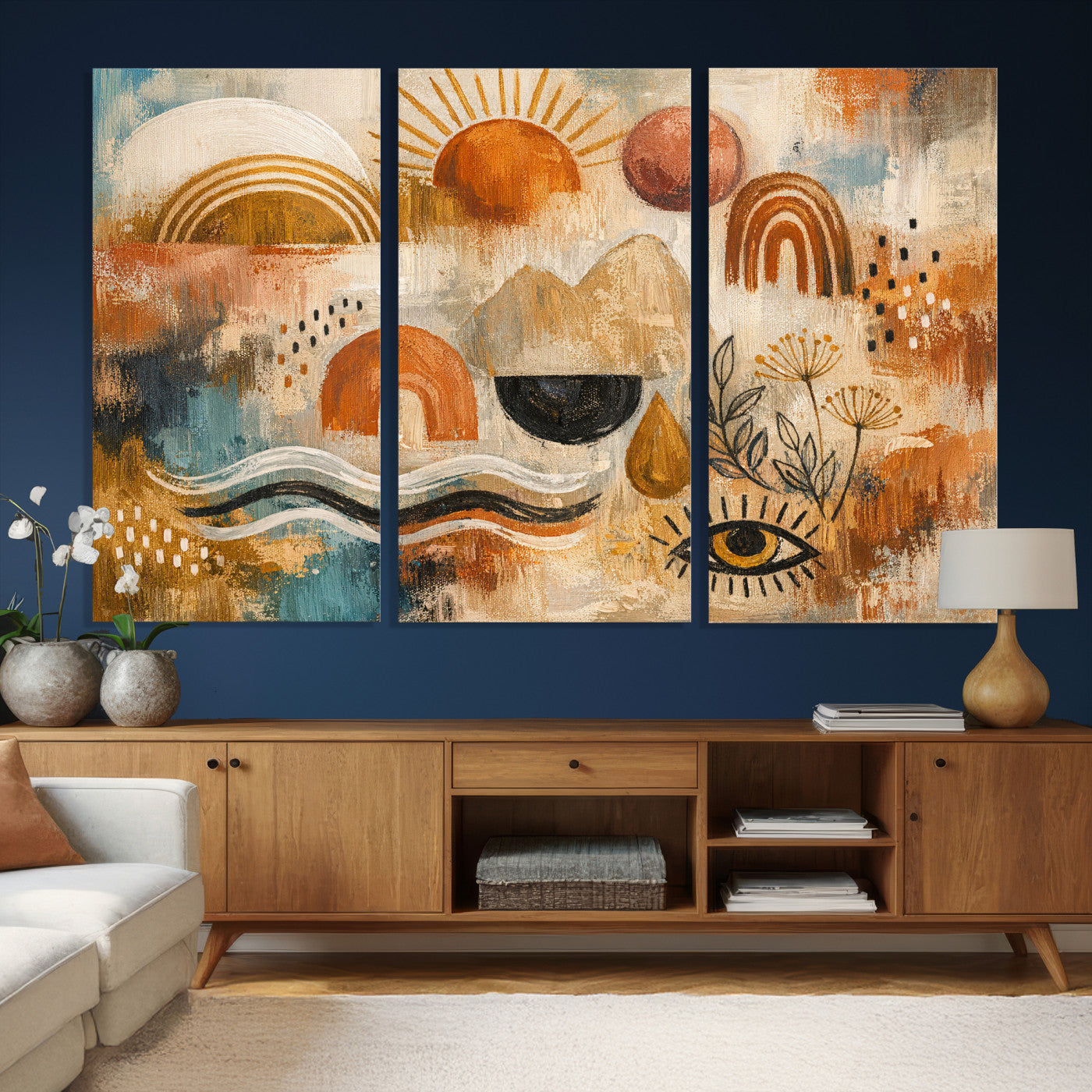 52155239-MGV-CV-36X24 - Geometric Boho Abstract Wall Art Canvas Print, Orange Blue Abstract Expressionist Painting Print, Modern Geometric Abstract Canvas Art
