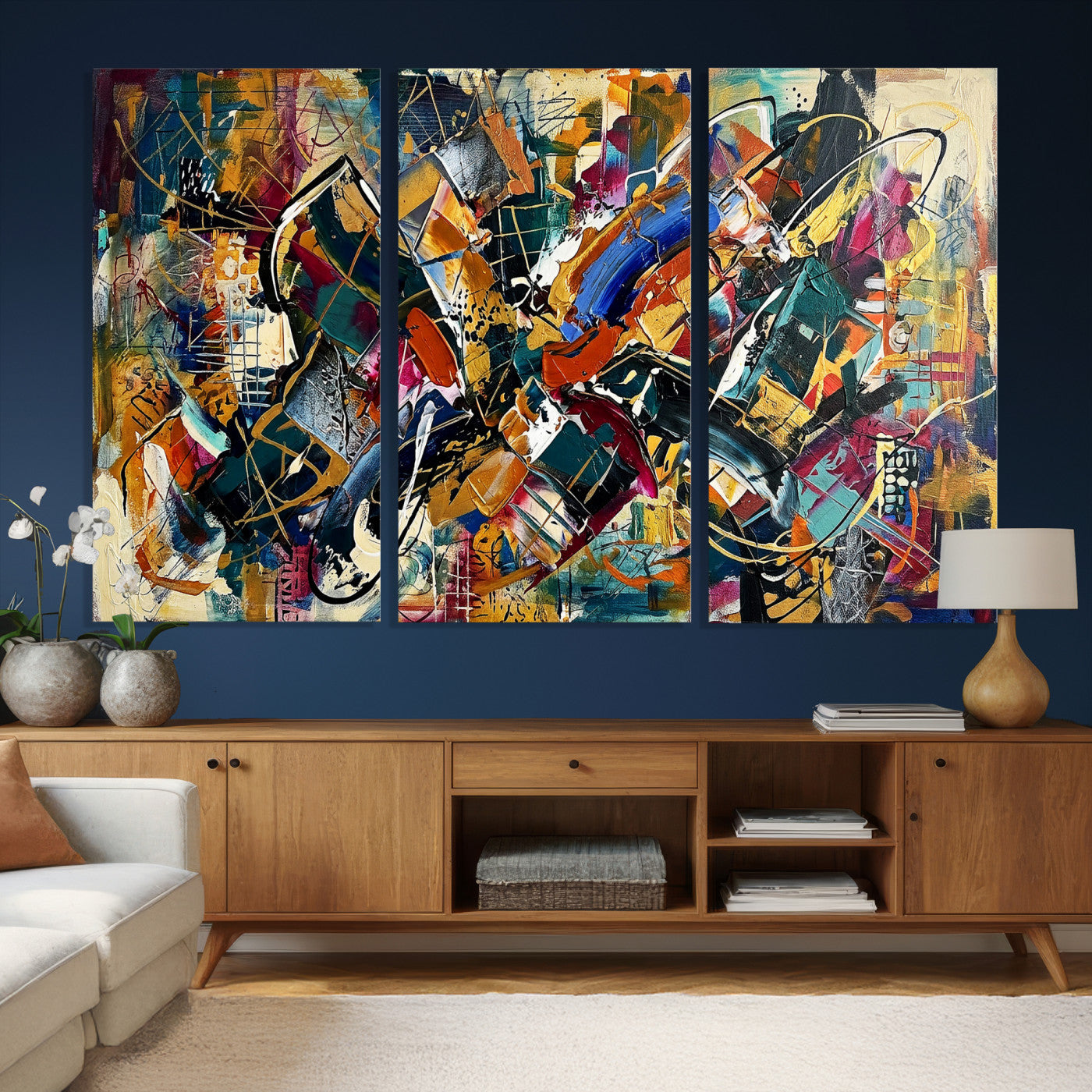 15525527-MGV-CV-36X24 - Geometric Abstract Wall Art Canvas Print, Orange Blue Abstract Expressionist Painting Print, Modern Geometric Abstract Canvas Art
