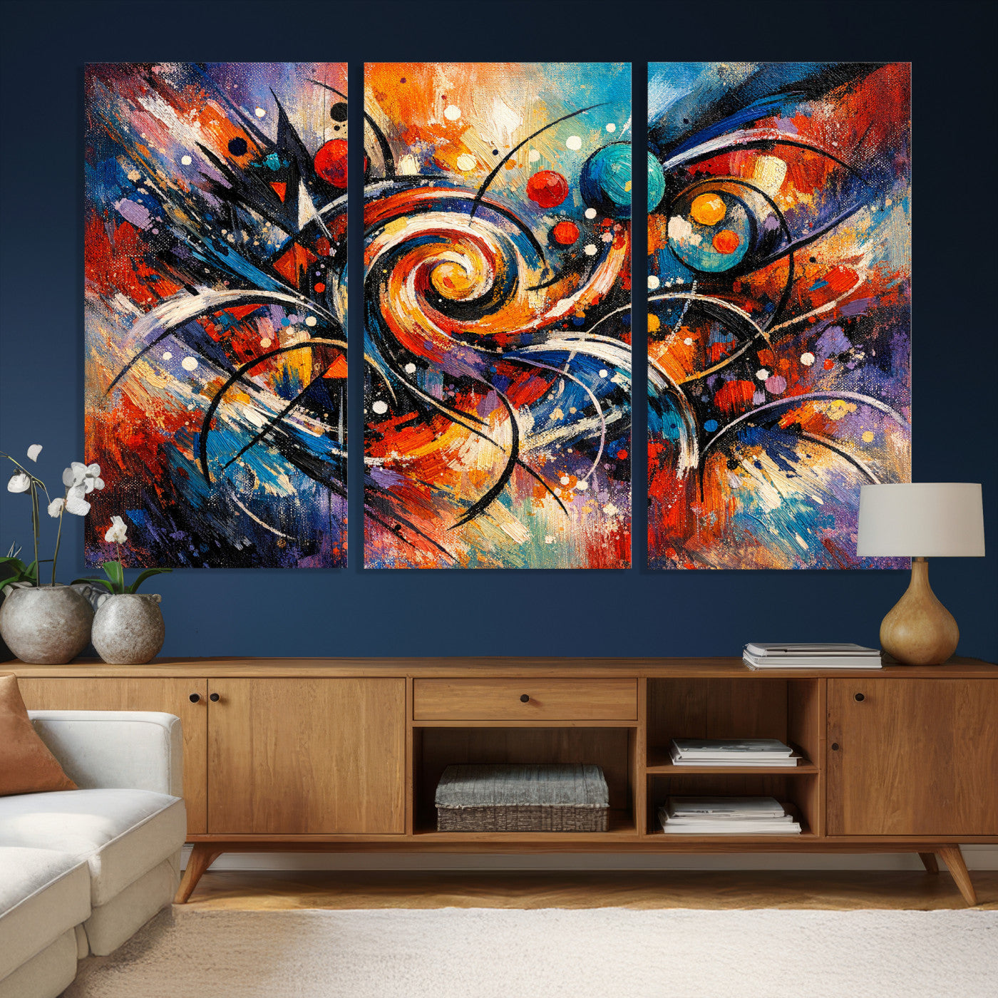 60193267-MGV-CV-36X24 - Geometric Abstract Wall Art Canvas Print, Orange Blue Abstract Expressionist Painting Print, Modern Geometric Abstract Canvas Art