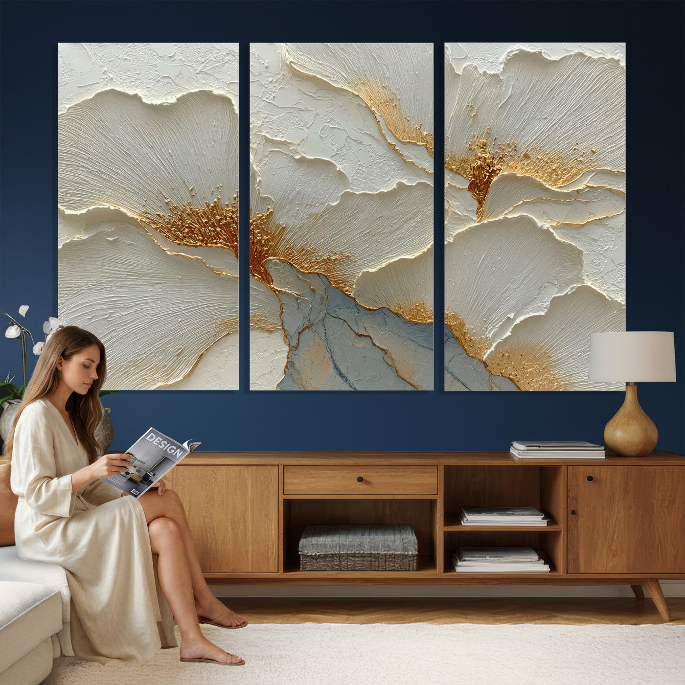 4712069F1-MGV-CV-36X24 - White Gold Floral Canvas Wall Art — Textured Flower Print | Luxury Botanical Decor | Elegant Bedroom Art | Gold Leaf Wall Art Gift