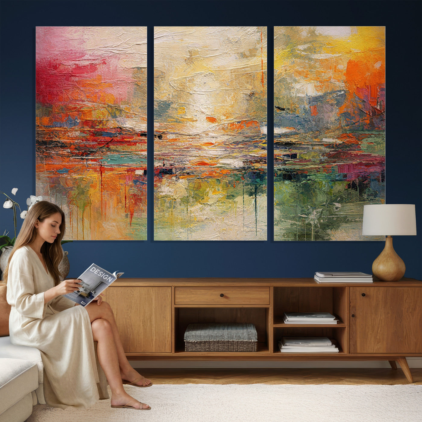 4712069P1-MGV-CV-36X24 - Colorful Abstract Canvas Wall Art — Large Textured Oil Painting Style Print | Orange Red Boho Wall Decor | Modern Living Room Art | Bold Wall Art