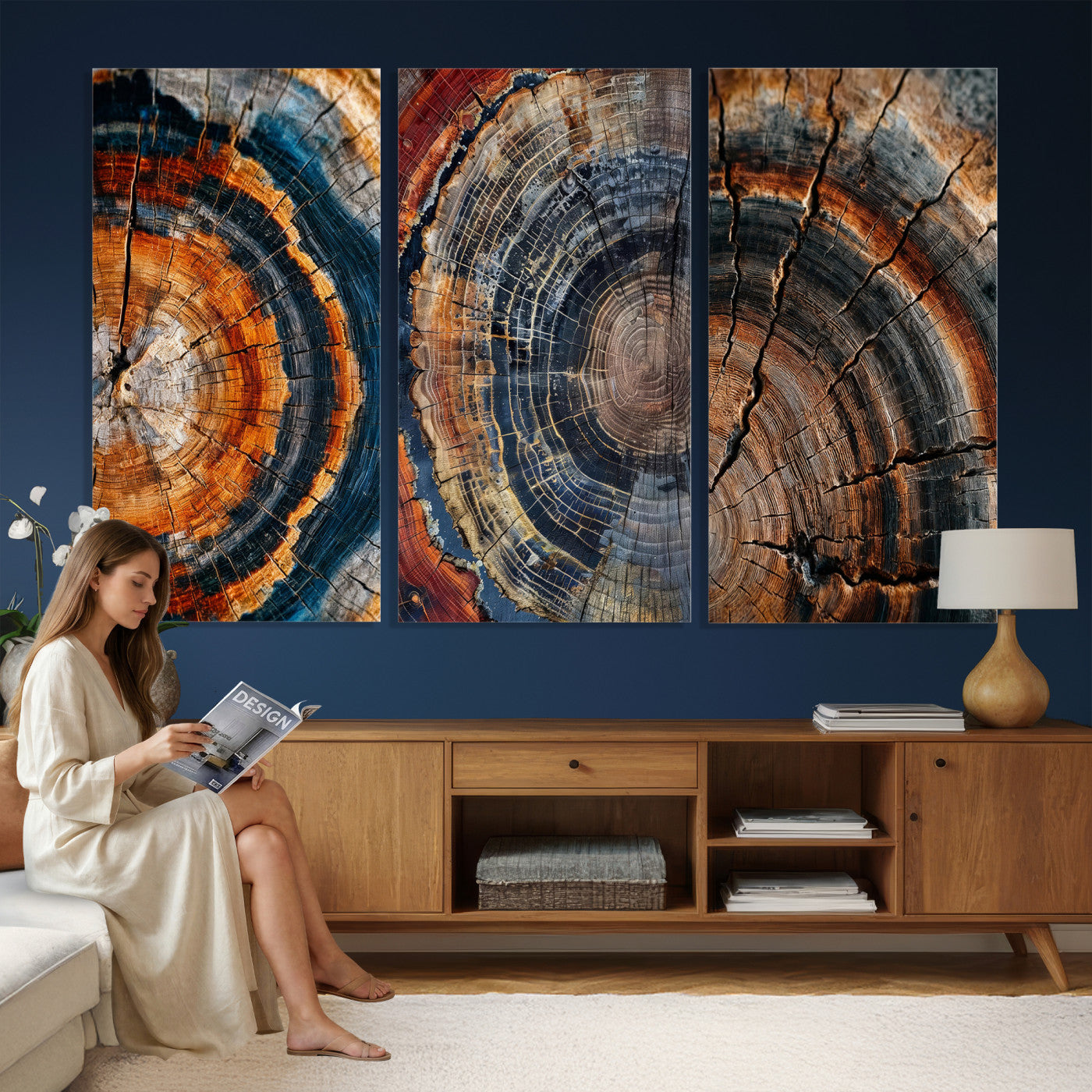 4712069W1-MGV-CV-48X32-3P - Tree Ring Triptych Canvas Wall Art — Set of 3 Wood Grain Print | Rustic Nature Decor | Earth Tone Wall Art | Unique Living Room Art Gift