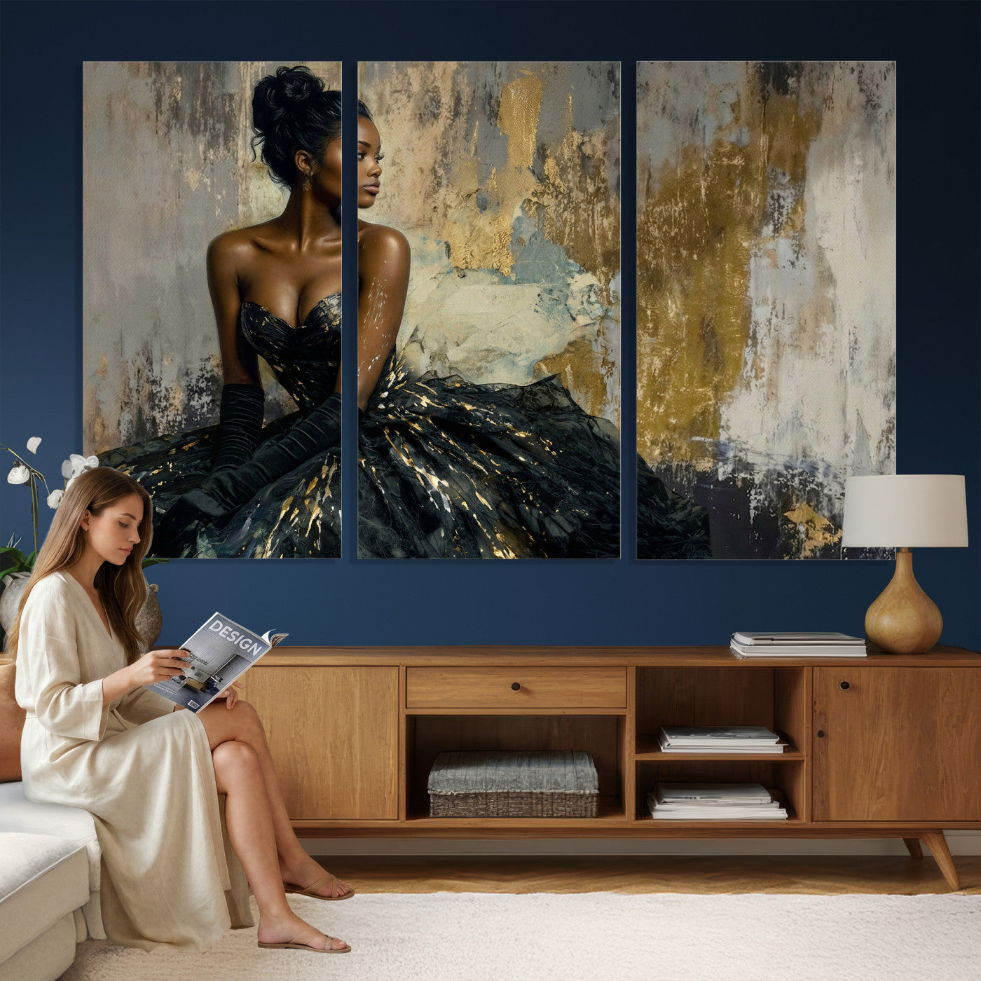4712069Z1-MGV-CV-36X24 - Elegant Woman Canvas Wall Art — Black Gold Gown Fashion Print | Luxury Glam Wall Decor | African American Art | Bold Bedroom Wall Art Gift