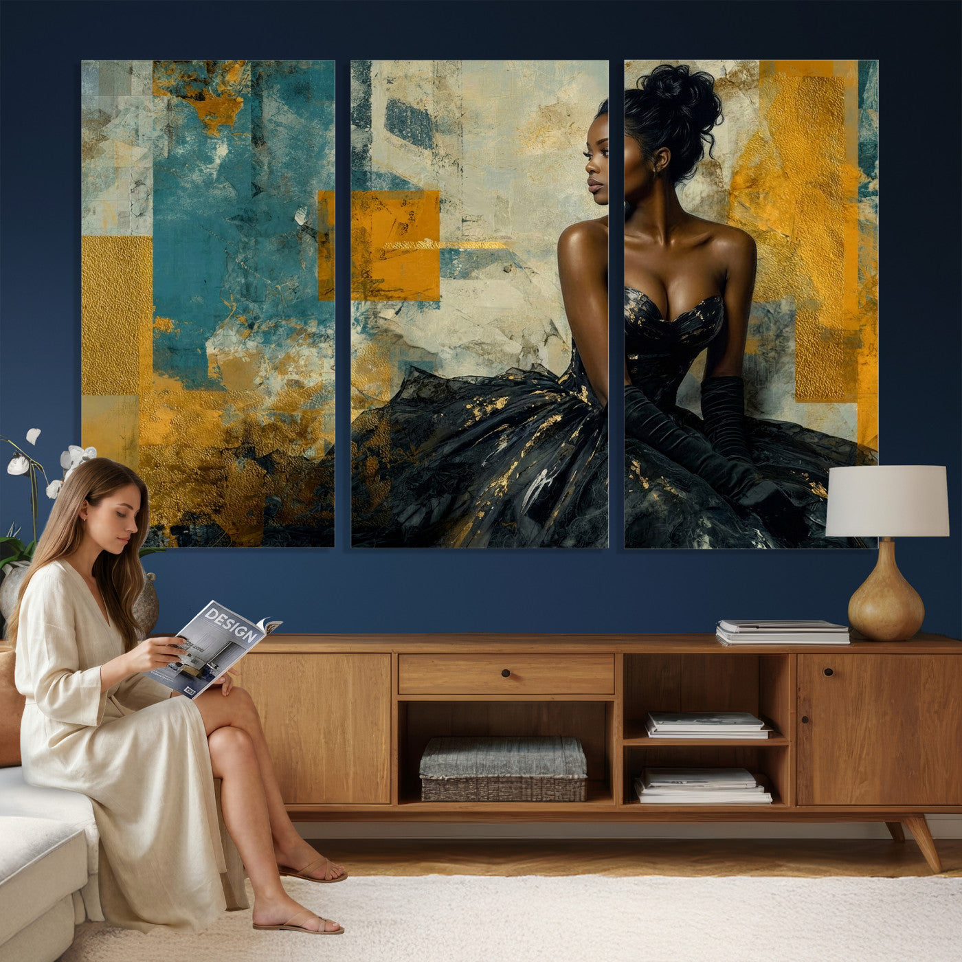 4712069Z21-MGV-CV-36X24 - Elegant Woman Canvas Wall Art — Black Gold Gown Fashion Print | Luxury Glam Wall Decor | African American Art | Bold Bedroom Wall Art Gift
