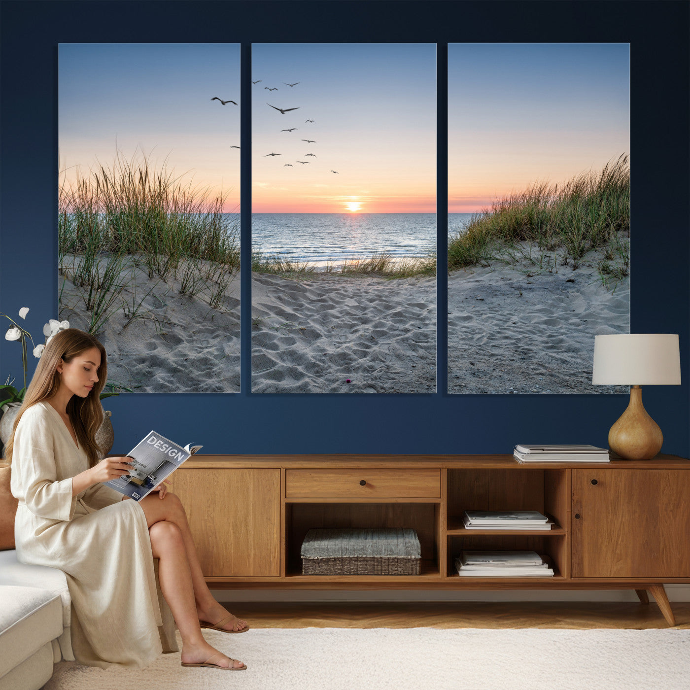 12172032-MGV-CV-36X24 - Sandy Dune Path Sunset Canvas Wall Art — Seagulls Beach Ocean Photography Print | Coastal Home Decor | Nautical Wall Art | Beach House Gift