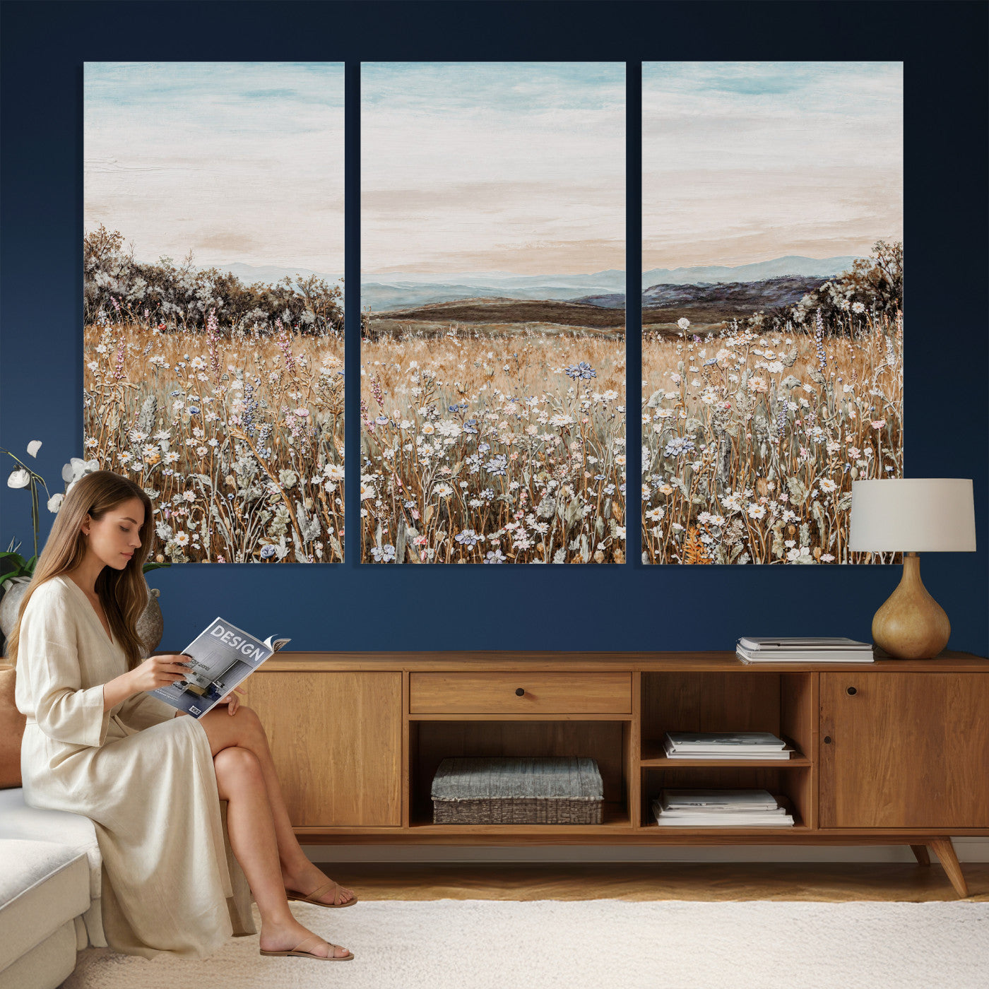 F35773805-MGV-CV-36X24 - Neutral Wildflower Field Canvas Wall Art — Beige Earth Tone Botanical Meadow Print | Farmhouse Boho Decor | Bedroom Living Room Gift Her