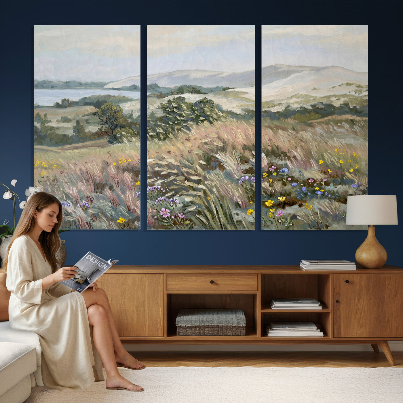 18013232-MGV-CV-36X24 - Katie Staples Hillside Canvas Wall Art — Coastal Wildflower Dune Oil Painting Print | Muted Green Nature Decor | Plein Air Landscape Gift