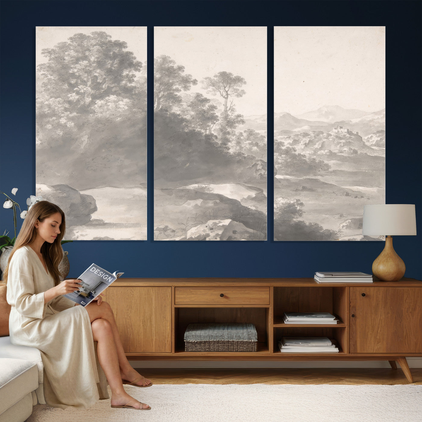 33041209-MGV-CV-36X24 - Van Poelenburch Landscape Canvas Wall Art — Dutch Golden Age Gray Wash Drawing Print | Baroque Italianate Nature Decor | Old Master Classic Gift