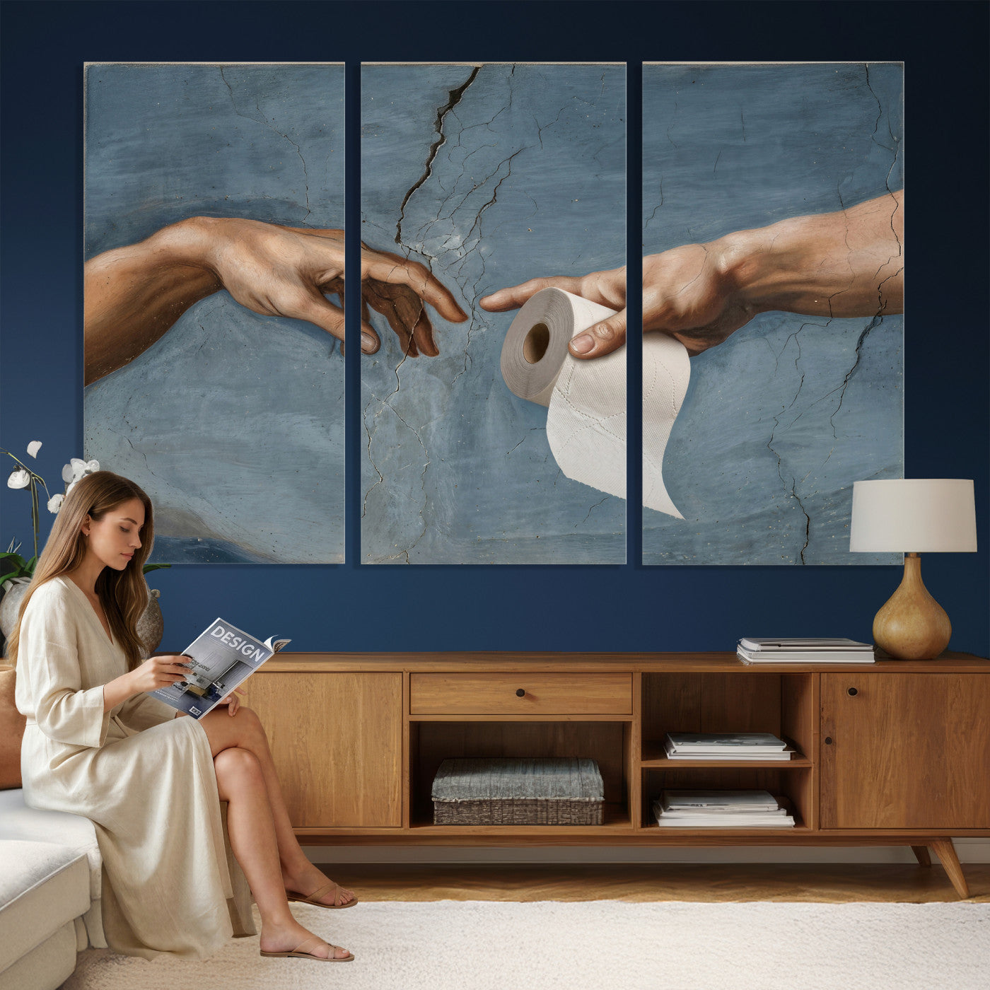 42648143-MGV-CV-36X24 - Funny Bathroom Canvas Wall Art, Michelangelo Creation of Adam Toilet Paper Parody, Renaissance Humor Print, Quirky Housewarming Gift, Toilet Room Decor