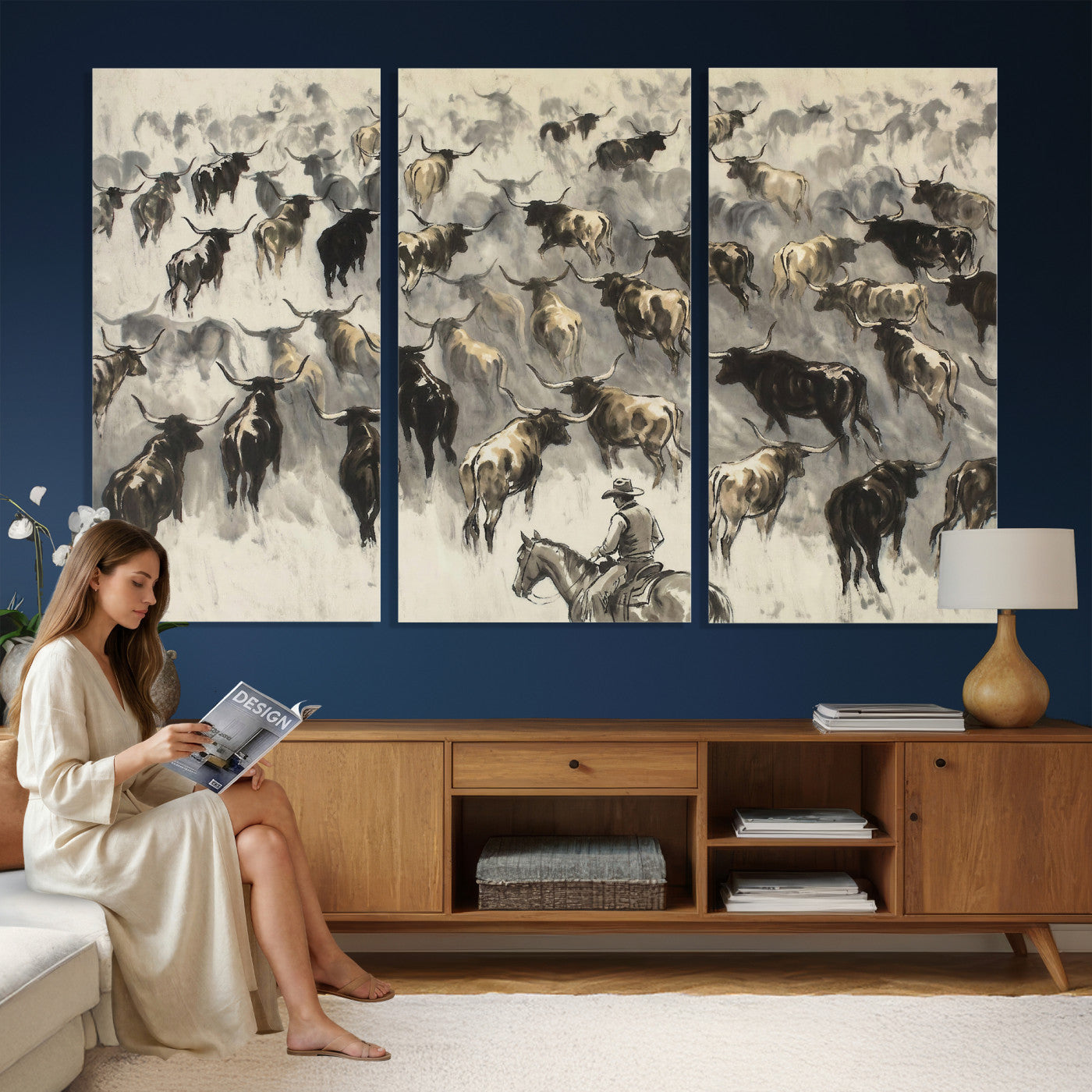 48049876-MGV-CV-36X24 - Cowboy Cattle Drive Canvas Wall Art, Western Longhorn Herd Ink Painting Print, Ranch Rodeo Decor, Black White Western Art, Large Living Room Art