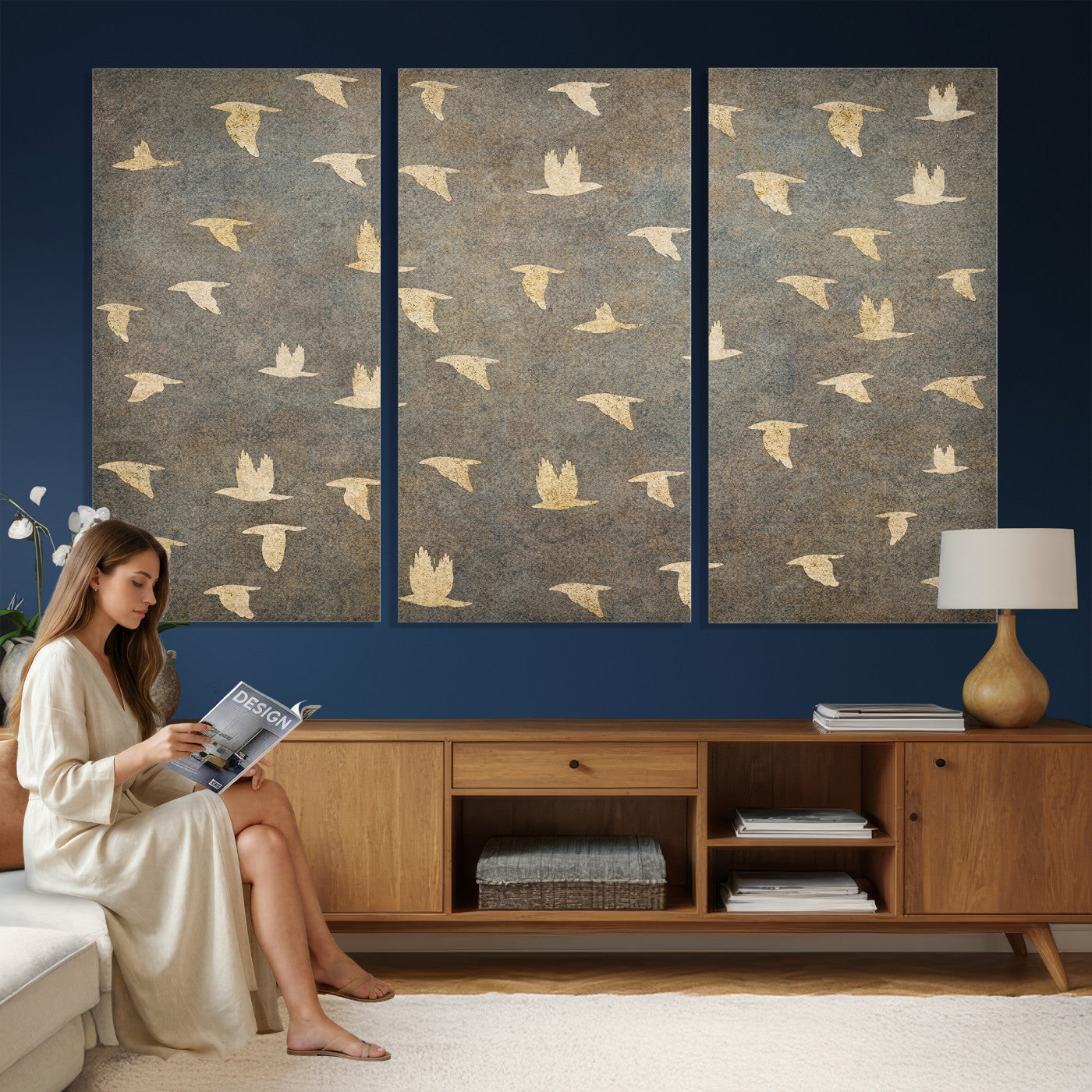 74076164-MGV-CV-36X24 - Flying Birds Canvas Wall Art, Vintage Bird Flock Pattern Print, Grey Gold Abstract Nature Decor, Rustic Bird Silhouette Art, Boho Living Room Decor