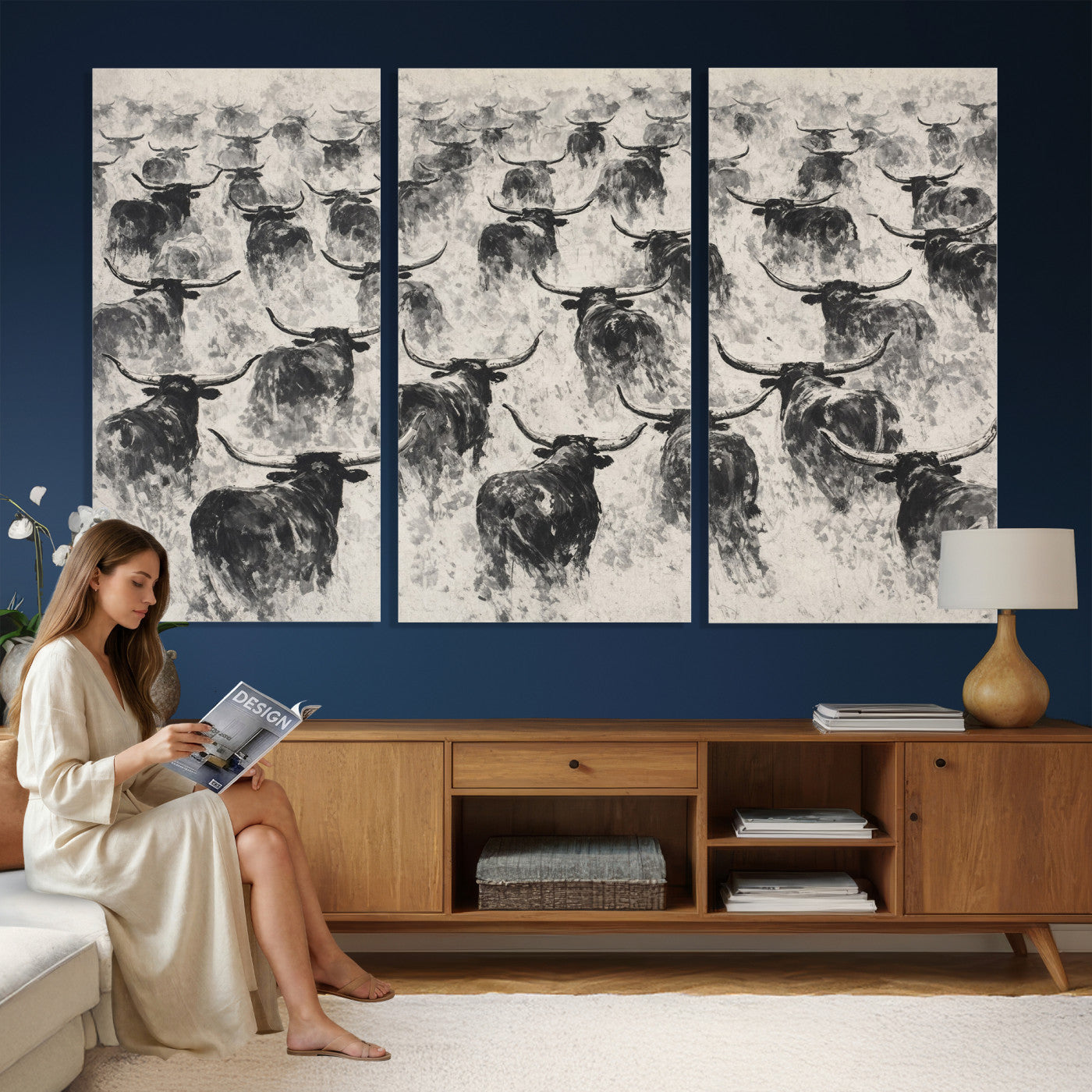 73328525-MGV-CV-36X24 - Texas Longhorn Drawing Canvas Wall Art, Western Cattle Stampede Painting Print, Warm Amber Ranch Decor, Rustic Cowboy Home Art, Large Living Room Decor