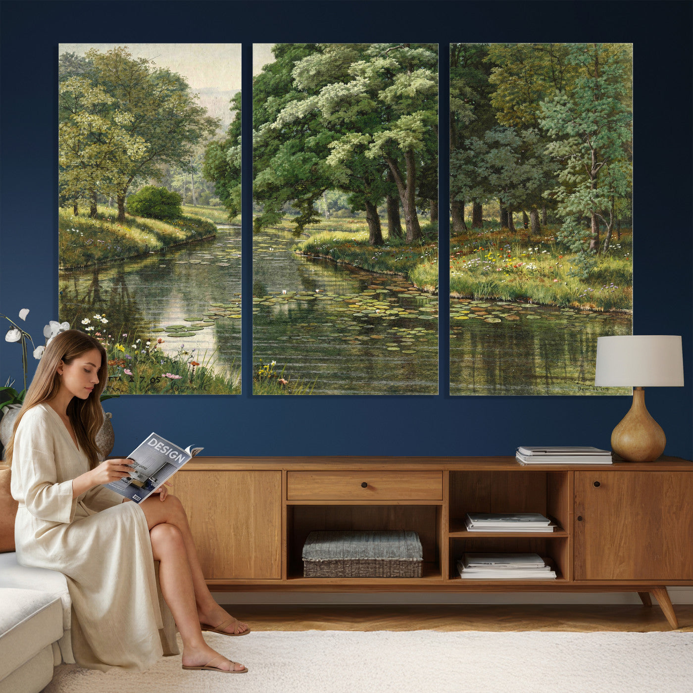 44288560-MGV-CV-36X24 - Forest Stream Canvas Wall Art, Peder Monsted A Forest Stream 1905 Print, Danish Realist Landscape, Lily Pad River Nature Decor, Vintage Green Painting