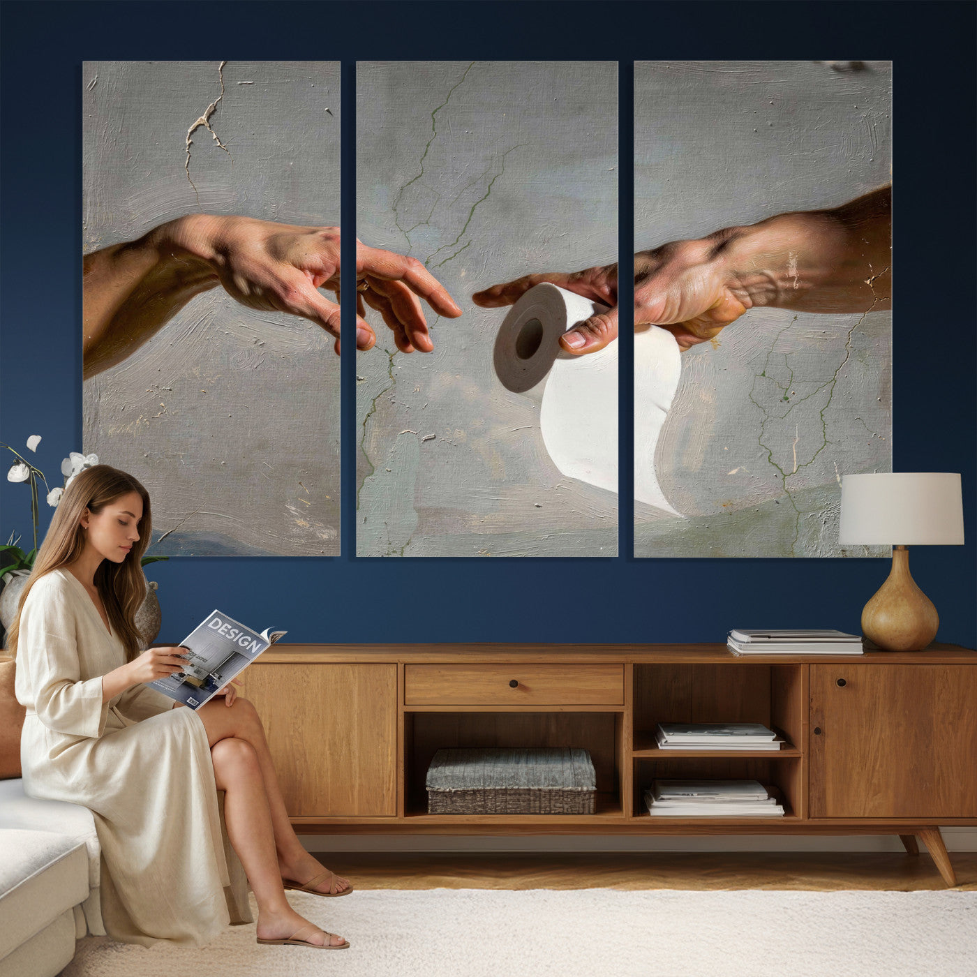 72030048-MGV-CV-36X24 - Funny Bathroom Wall Art Canvas, Creation of Toilet Paper Parody Print, Renaissance Humor Decor, Toilet Room Art, Quirky Housewarming Gift, Classic Art Spoof