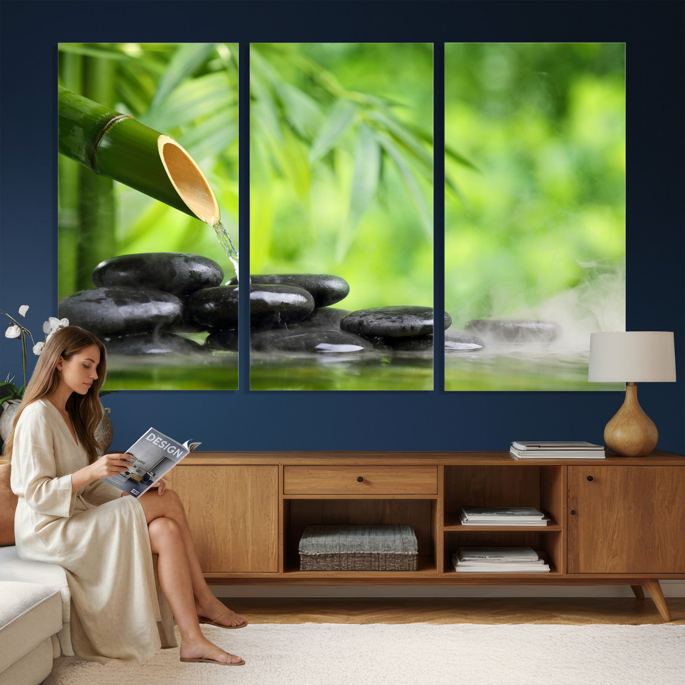 26961320-MGV-CV-36X24 - Bamboo Water Flow Black Stone Canvas | Zen Spa Nature Photography Print | Green Mist Japanese Garden Wall Art | Tranquil Decor