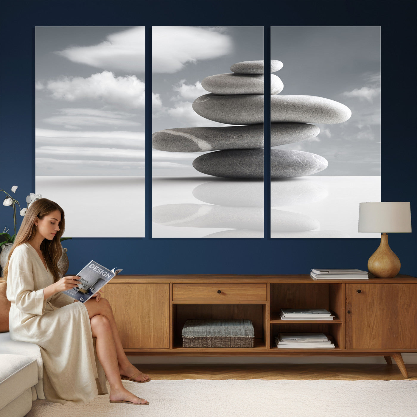 86426188-MGV-CV-36X24 - Zen Stone Wall Art Canvas Print, Balanced Rock Stack Framed Spa Artwork, Minimalist Meditation Decor for Living Room Bedroom Office Bathroom