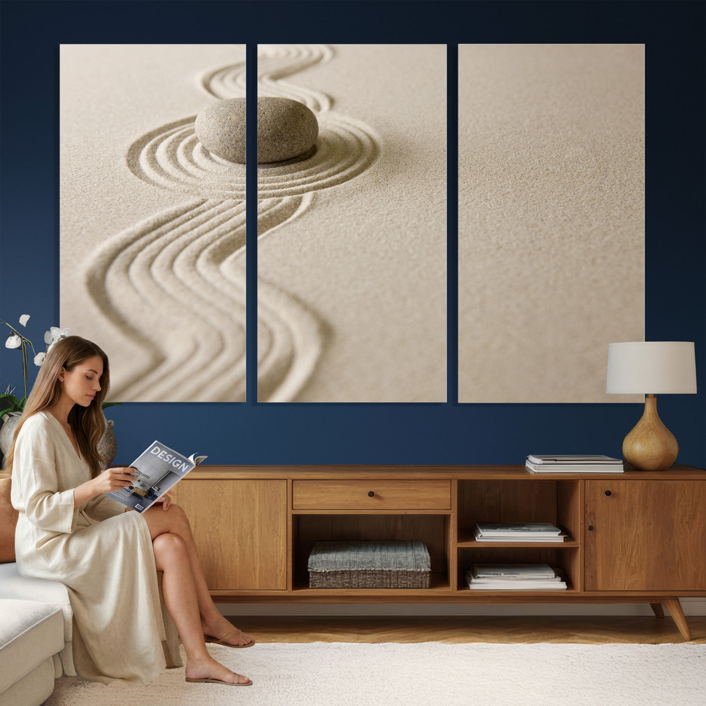 66852661-MGV-CV-36X24 - Zen Garden Stone Sand Canvas | Japanese Rock Garden Wall Art | Minimalist Meditation Print | Neutral Beige Mindfulness Decor