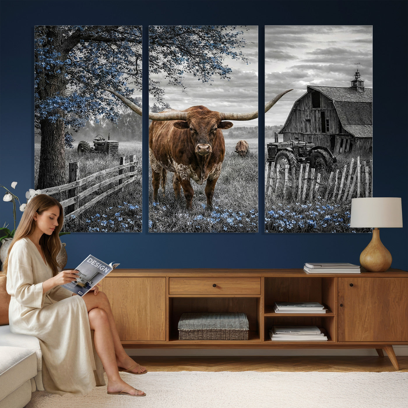 19366343-MGV-CV-36X24 - Texas Longhorn Canvas Wall Art, Rustic Farm Barn Bluebonnet Photography Print, Farmhouse Country Decor, Western Ranch Art, Old Truck Tractor Print