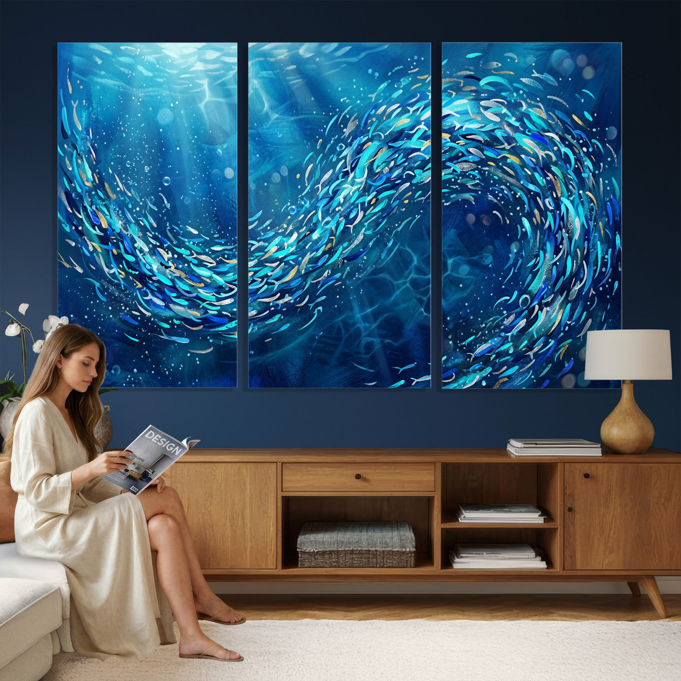 54535639-MGV-CV-36X24 - School of Fish Canvas Print | Blue Ocean Underwater Wall Art | Swirling Fish Shoal Illustration | Marine Navy Coastal Decor