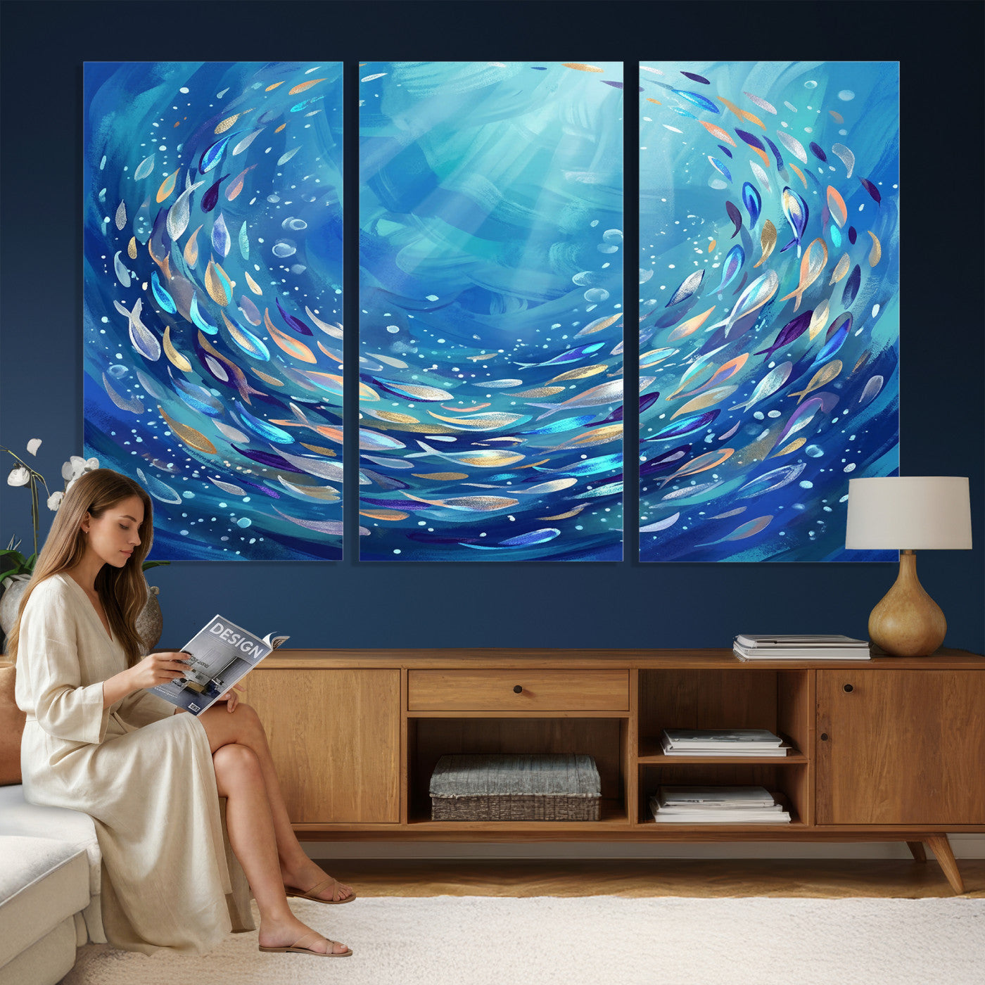 78699899-MGV-CV-36X24 - School of Fish Canvas Print | Blue Ocean Underwater Wall Art | Swirling Fish Shoal Illustration | Marine Navy Coastal Decor