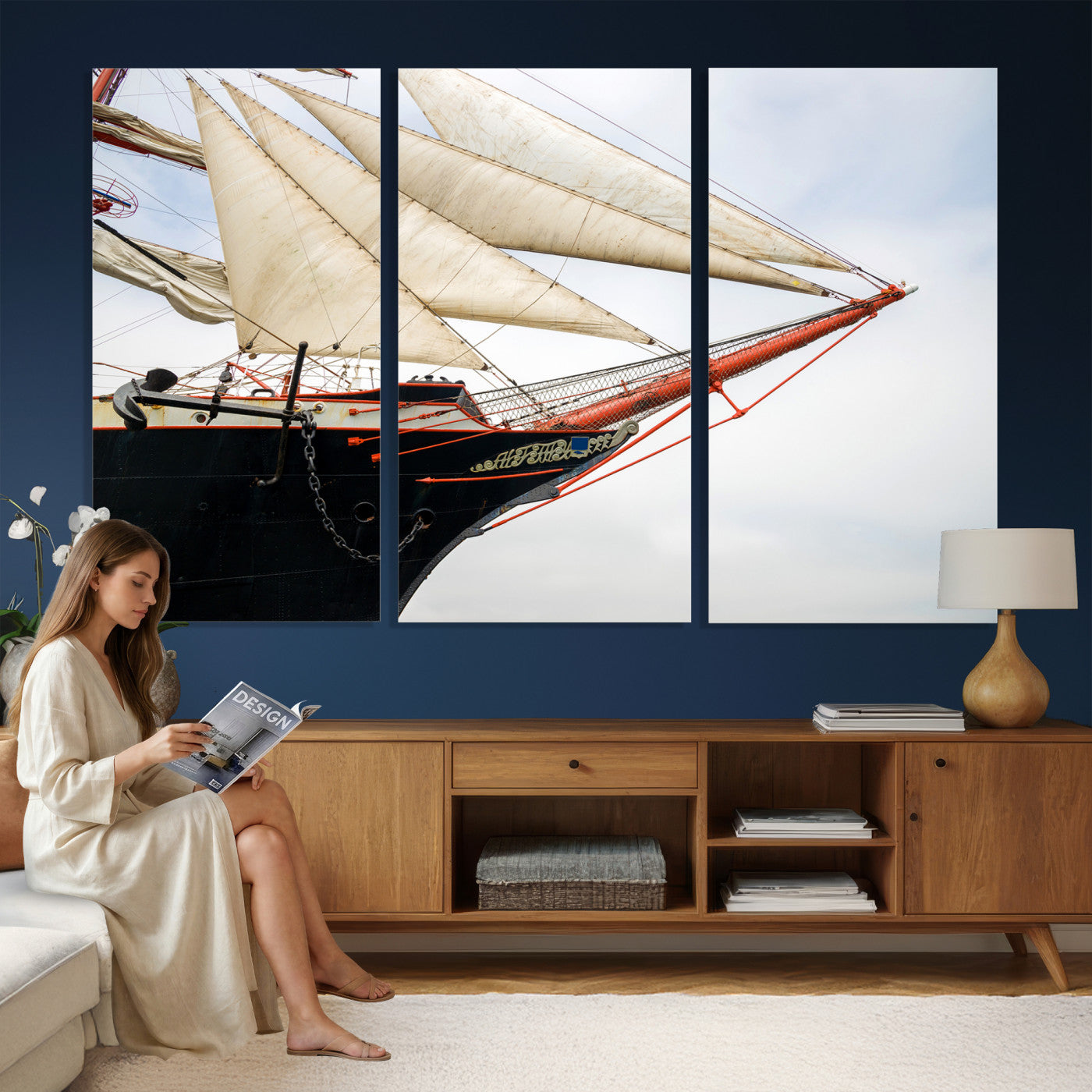 64830036-MGV-CV-36X24 - Sailboat Wall Art Canvas Print, Vintage Ship Bow Framed Artwork, Nautical Sailing Decor for Living Room Office Beach House