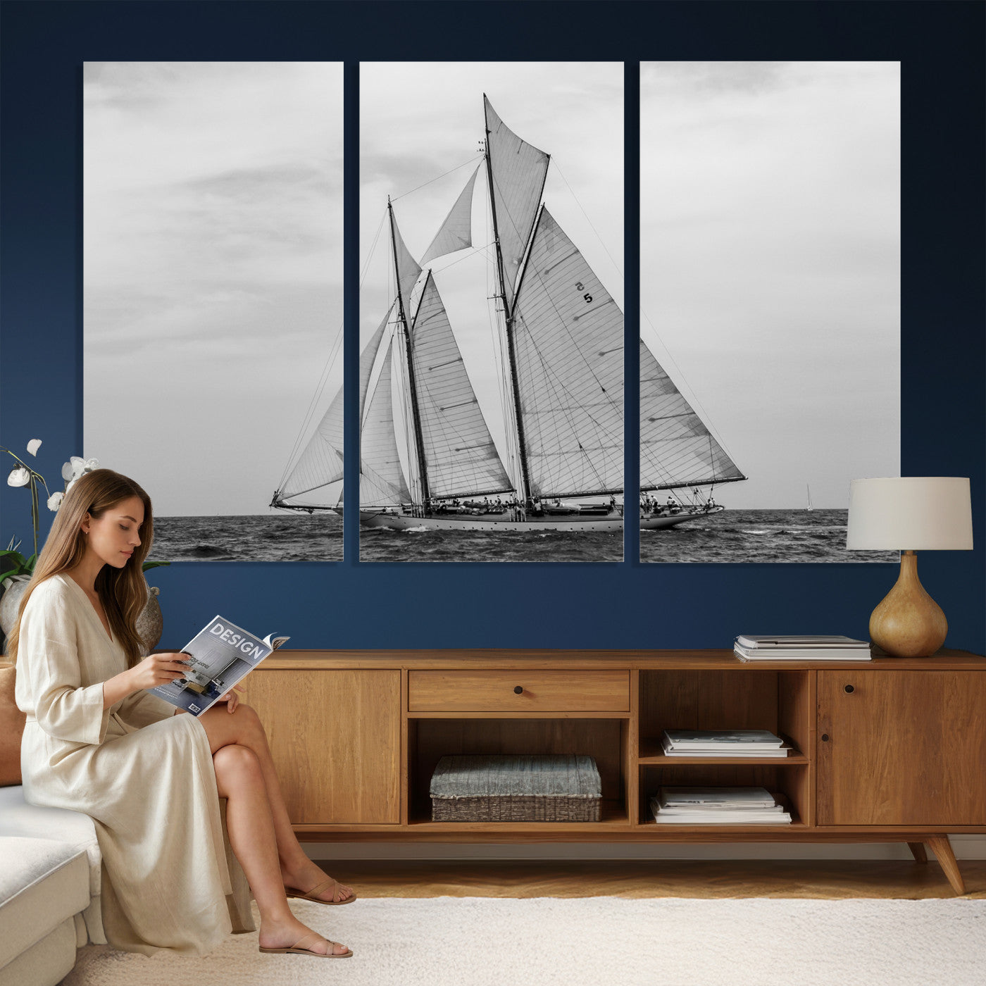 52882918-MGV-CV-36X24 - Vintage Sailboat Wall Art Canvas Print, Black and White Schooner Framed Artwork, Nautical Ocean Sailing Decor for Living Room Office Beach House