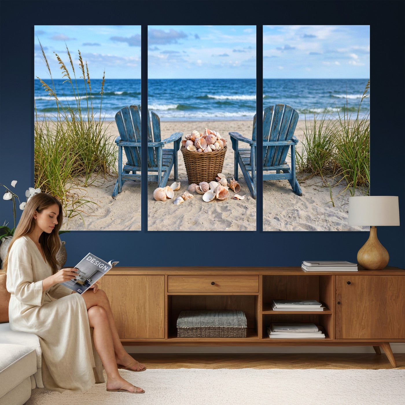 80268829-MGV-CV-36X24 - Large Beach Canvas Wall Art Coastal Adirondack Chairs Ocean Seashells Blue Nautical Framed Large for Living Room Bedroom Bathroom Decor