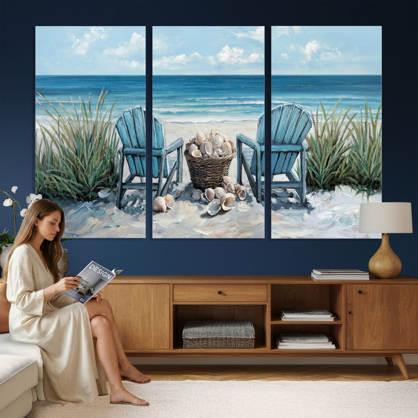 11973028-MGV-CV-36X24 - Beach Canvas Wall Art Coastal Adirondack Chairs Ocean Seashells Blue Nautical Framed Large for Living Room Bedroom Bathroom Decor