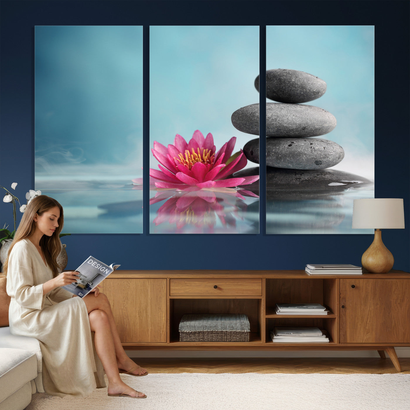 84293154-MGV-CV-36X24 - Zen Canvas Wall Art Lotus Flower Stacked Stones Teal Spa Meditation Relaxation Framed Large for Bathroom Bedroom Living Room Office Decor