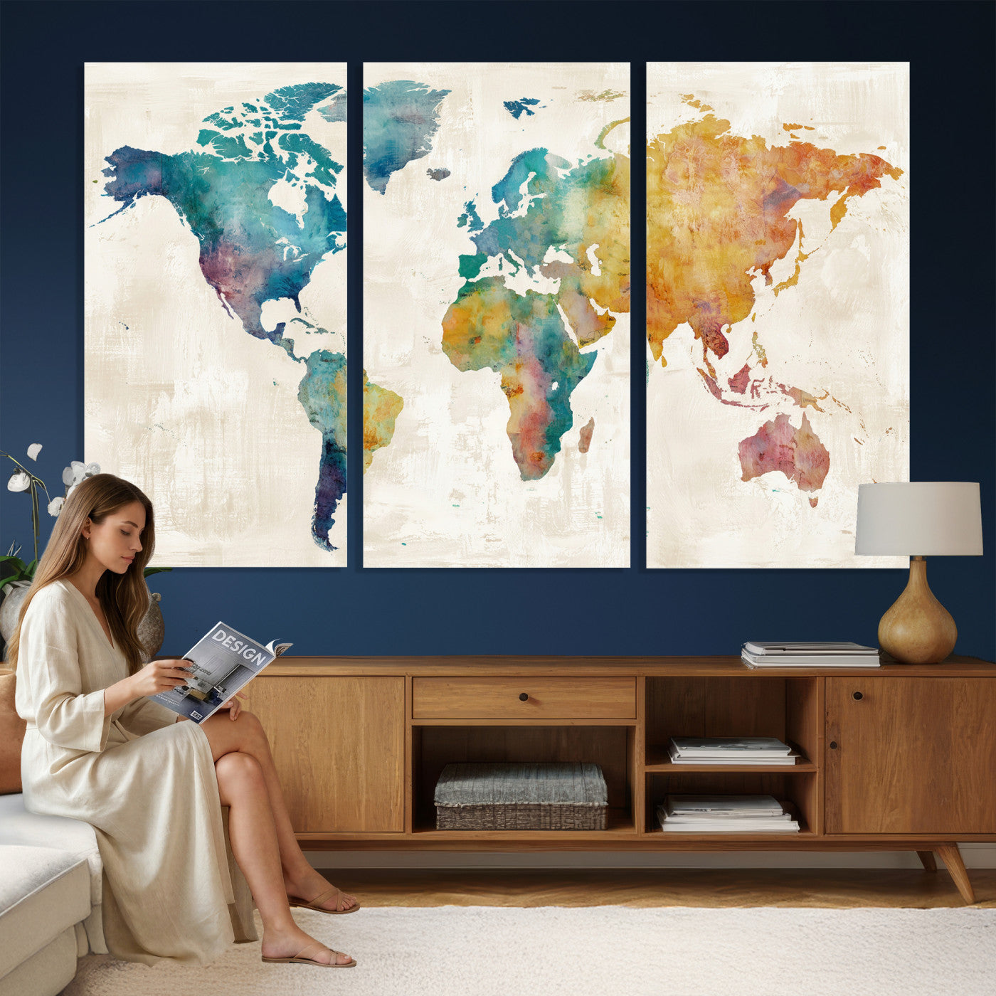 56556018-MGV-CV-36X24 - Watercolor World Map Canvas Wall Art Print – Abstract Colorful Travel Wall Decor