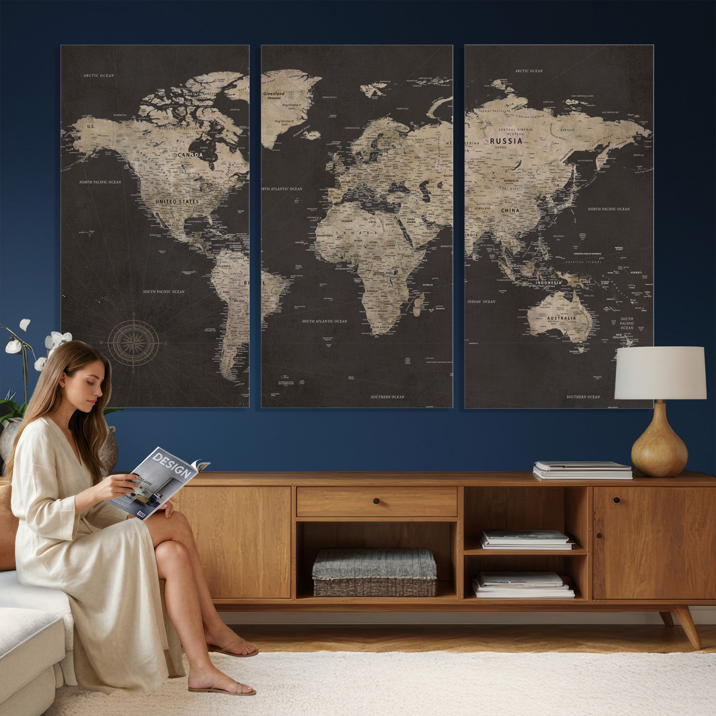 56556018136-MGV-CV-36X24 - World Map Canvas Wall Art Dark Charcoal Antique Tan Detailed Every Country Labeled Framed Large for Home Office Living Room Bedroom Decor