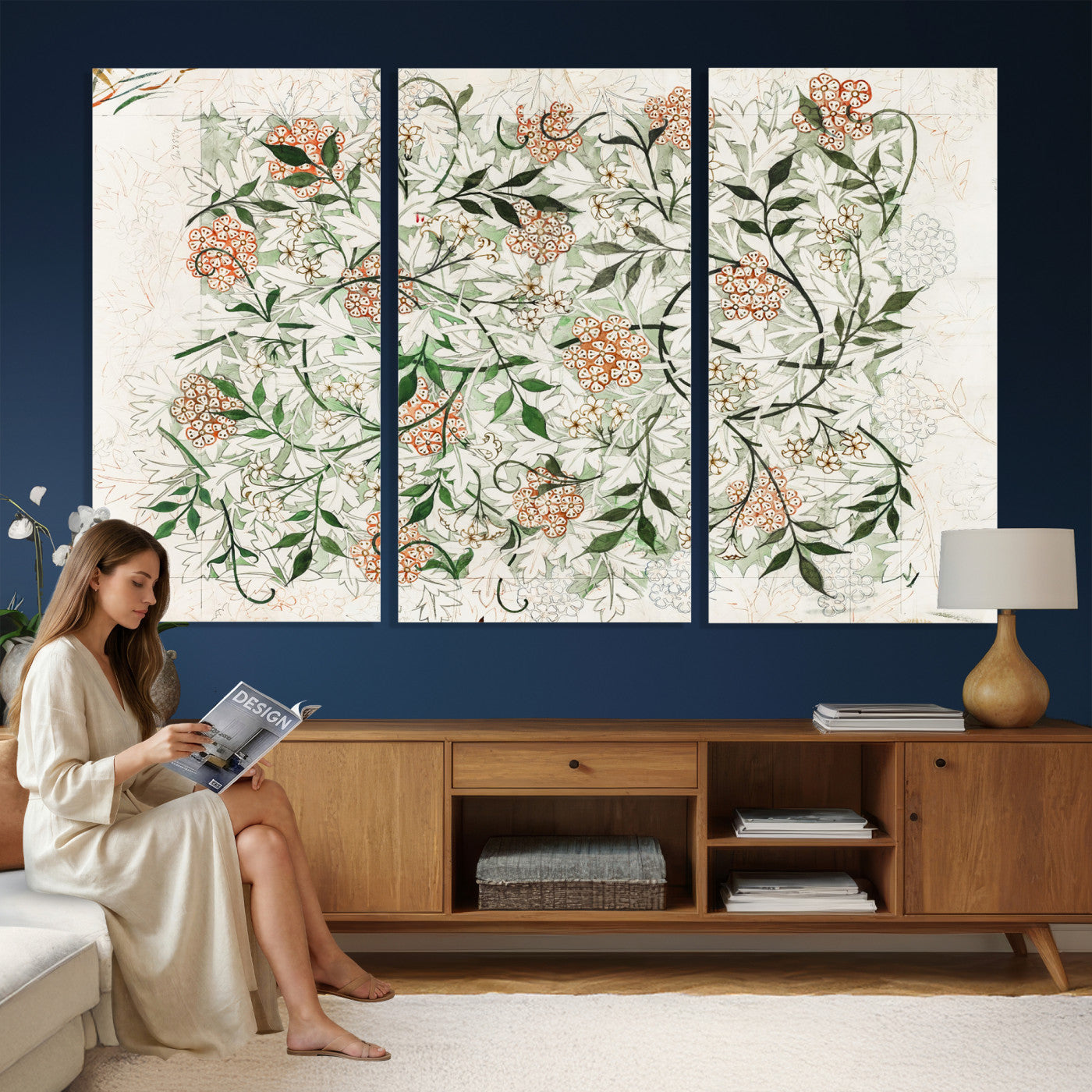 17622011W-MGV-CV-36X24 - William Morris Jasmine Flower Wall Art Canvas Print, Botanical Floral Canvas Print, Vintage Cottagecore Wall Decor, Framed Nature Artwork Ready to Hang