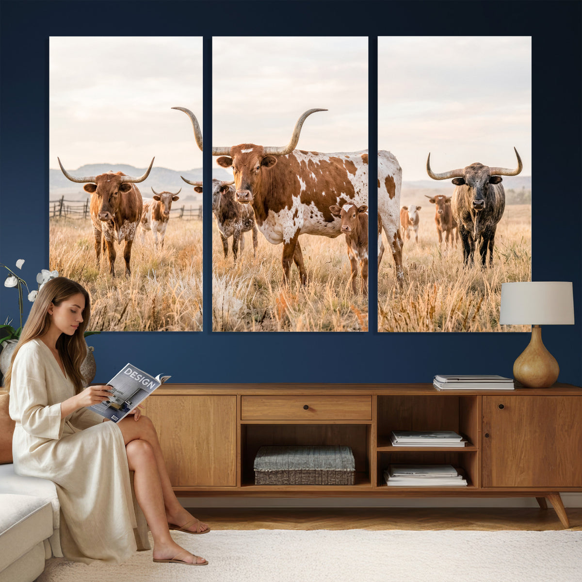 62336425AC-MGV-CV-36X24 - Texas Longhorn Canvas Wall Art, Rustic Farm Animal Photography Print, Farmhouse Country Decor, Western Ranch Art