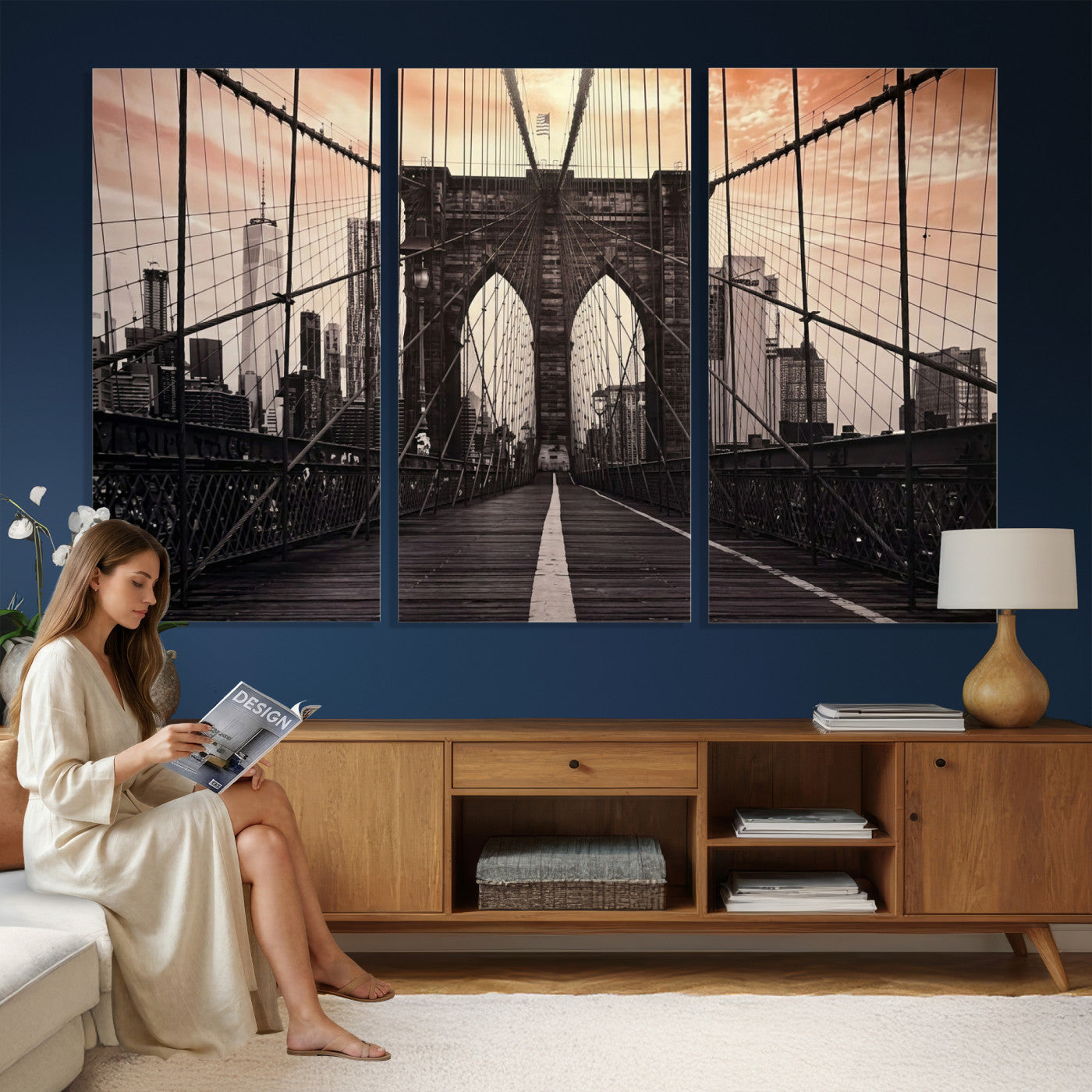 93226664-MGV-CV-36X24 - Brooklyn Bridge Canvas Wall Art, New York City Skyline Photography Print, NYC Landmark Urban Decor Artwork