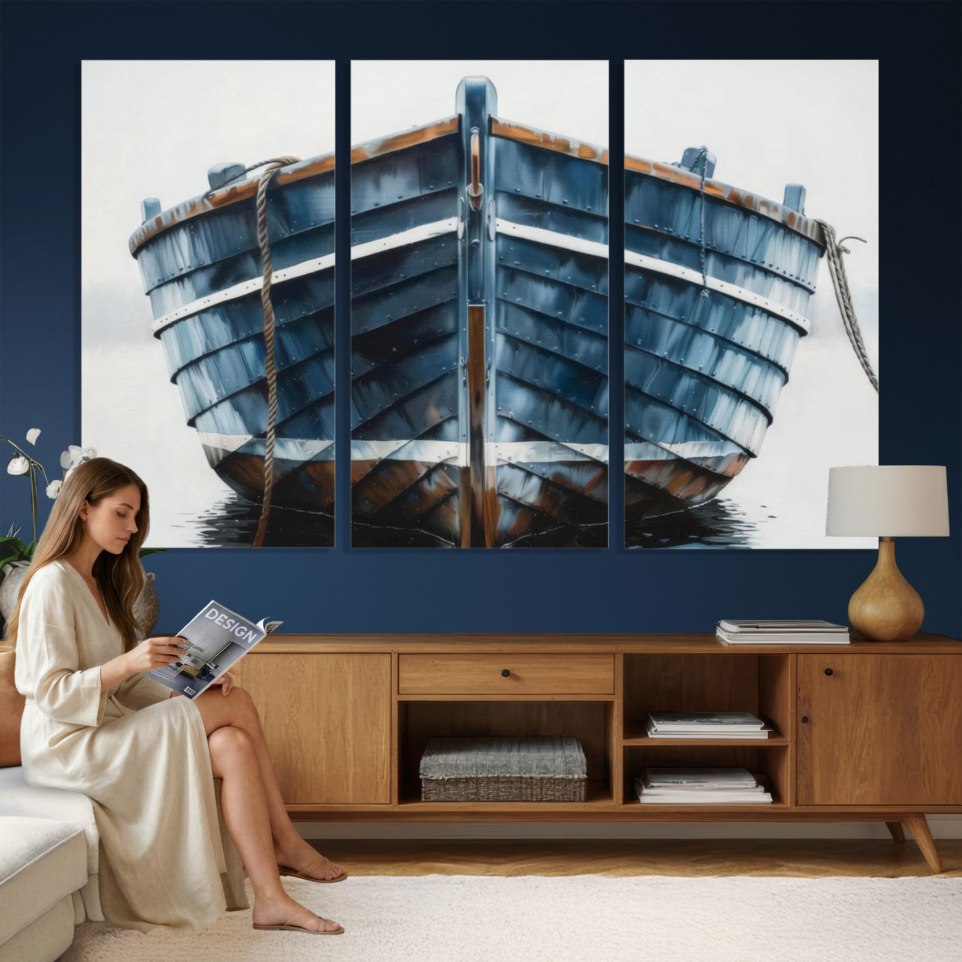 21601740-MGV-CV-36X24 - Blue Wooden Rowboat Canvas Wall Art, Coastal Nautical Boat Painting Print for Lake Beach House Decor, Minimalist Maritime Decor Artwork