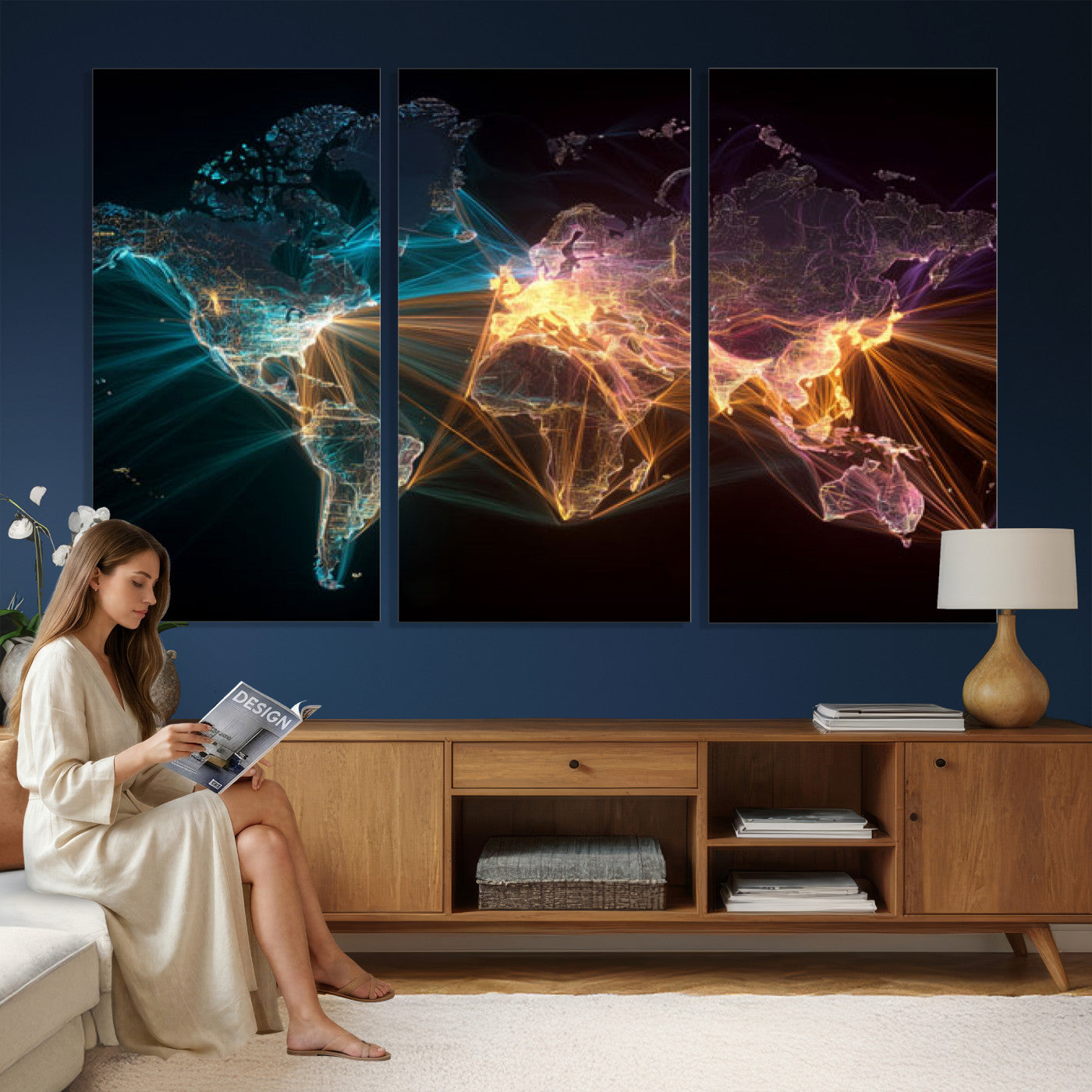 14891737-MGV-CV-36X24 - World Map and Global Flight Routes Map Canvas Wall Art, Worldwide Aviation Network Print, International Air Travel Wall Decor