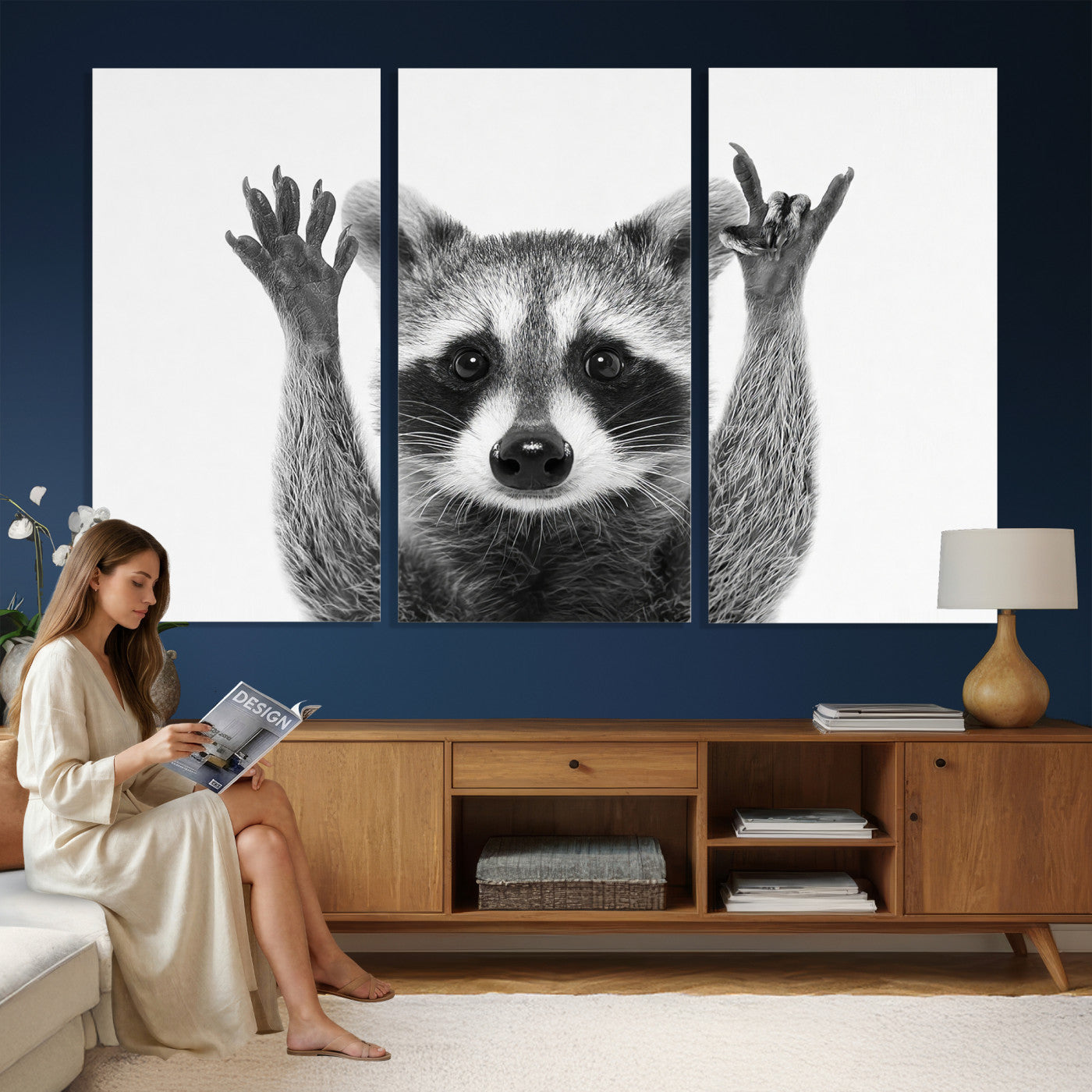 82392228-MGV-CV-36X24 - Funny Raccoon Canvas Wall Art, Black White Hands Up Animal Photo Print, Humorous Wildlife Decor, Kids Room Nursery Art, Quirky Animal Gift