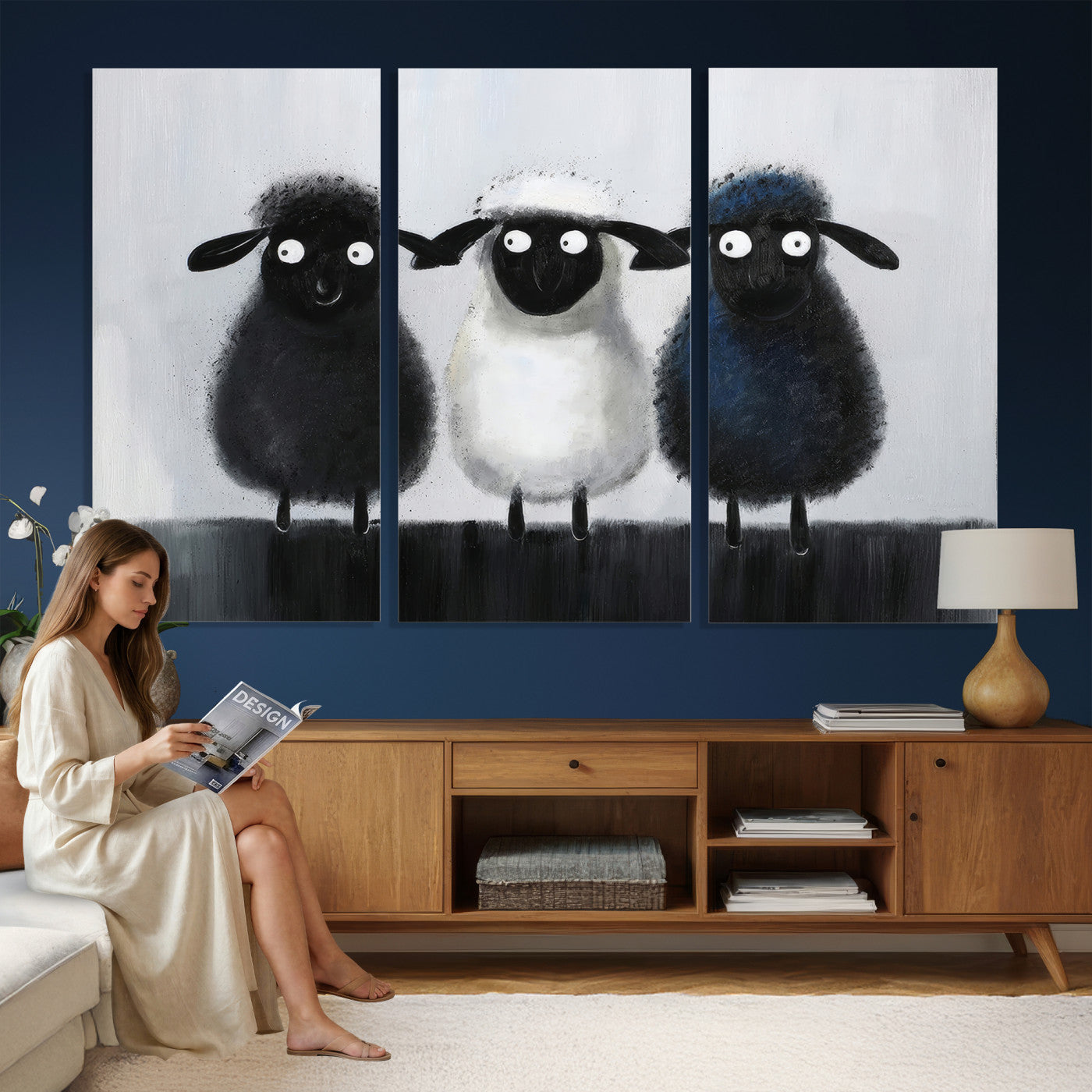 45650028-MGV-CV-36X24 - Funny Sheep Canvas Wall Art, Three Quirky Sheep Painting Print, Cute Animal Nursery Decor, Black White Navy Farmhouse Art, Kids Room Gift